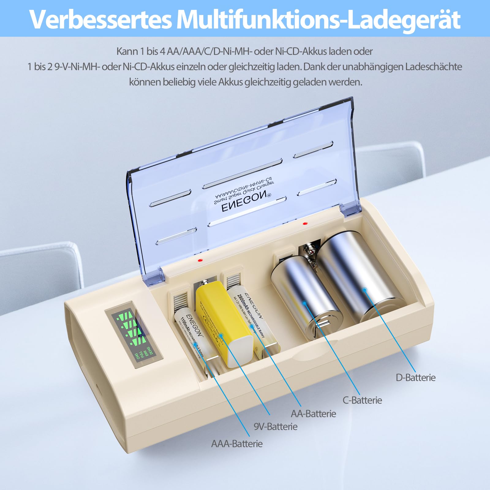 ENEGON Batterie Ladegerät–Universal Akku Ladegerät & Battery Charger für AA/AAA/C/D/9V NiMH/NiCD wiederaufladbare Batterien –mit LCD Display, Entladefunktion und 4 Ladeschächten(Kein Adapter)