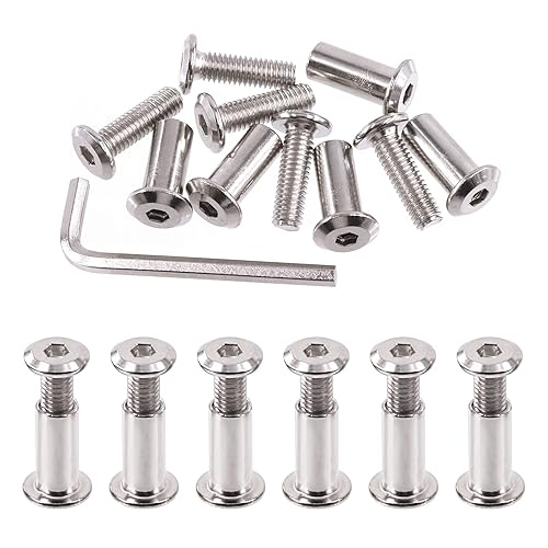 Vista 29 de Swpeet Juego de 25 tornillos de fijación plateados chapados en níquel M6x25mm, tornillos hexagonales, tuercas de barril con 1 llave Allen, poste