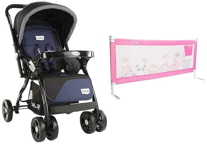 Galaxy Stroller/Pram, Extra Large Seating Space, Easy Fold, for Newborn Baby/Kids, 0-3 Years (Navy/Black) & LuvLap Bed Rail Guard for Baby/Kids Safety, 180cm x 72 cm, (Pink)