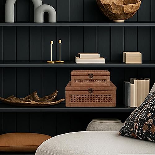 Miniatura 5 de Caja de almacenamiento de ratán hecha a mano con tapa con bisagras y cierres de metal, cesta de almacenamiento de ratán con tapa para joyas,