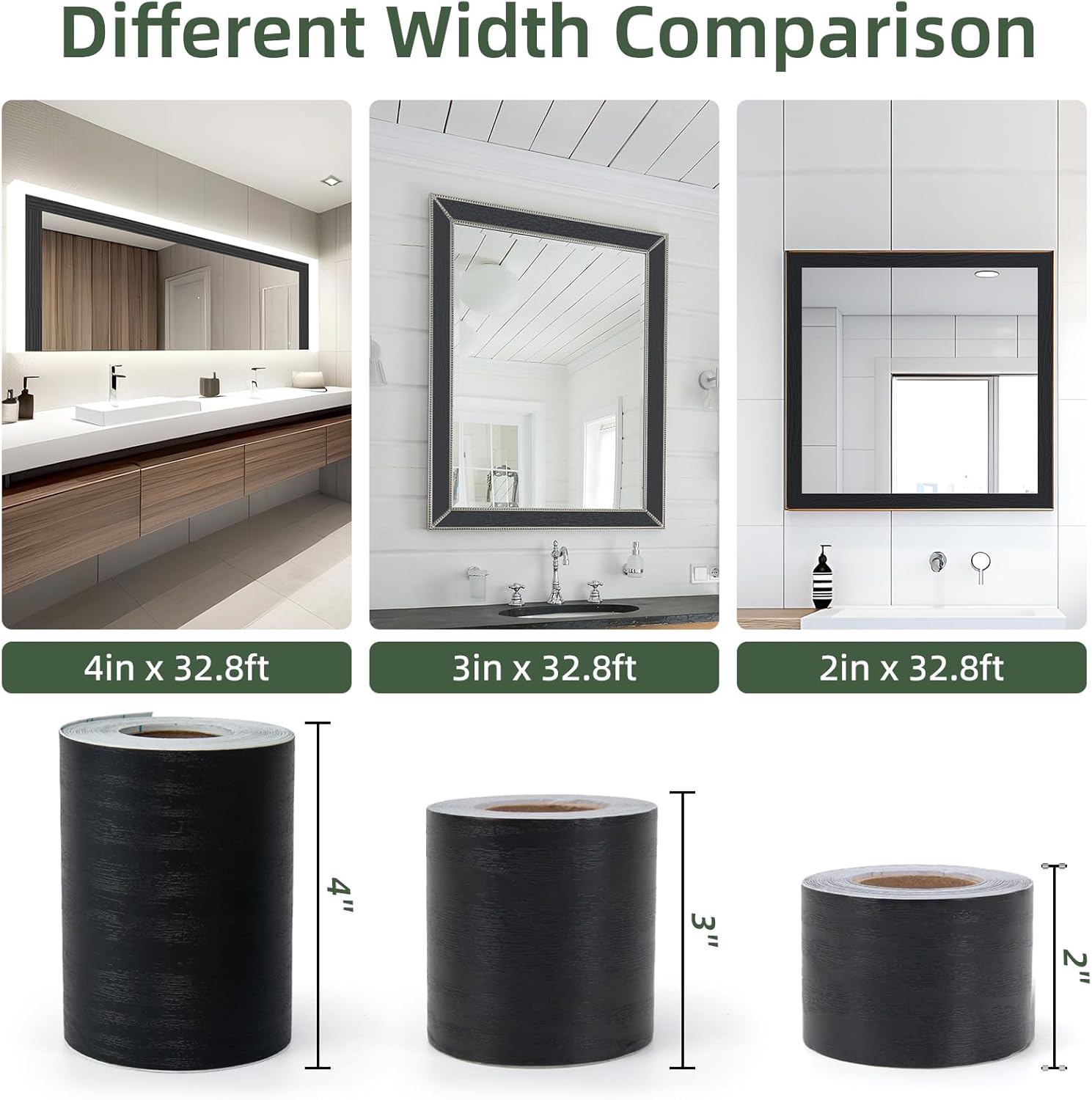 LONGKING 32ft x 4.2in Black Mirror Tape Border, Peel and Stick Mirror Border for Bathroom, Waterproof PVC Wallpaper, 393x4.2 in