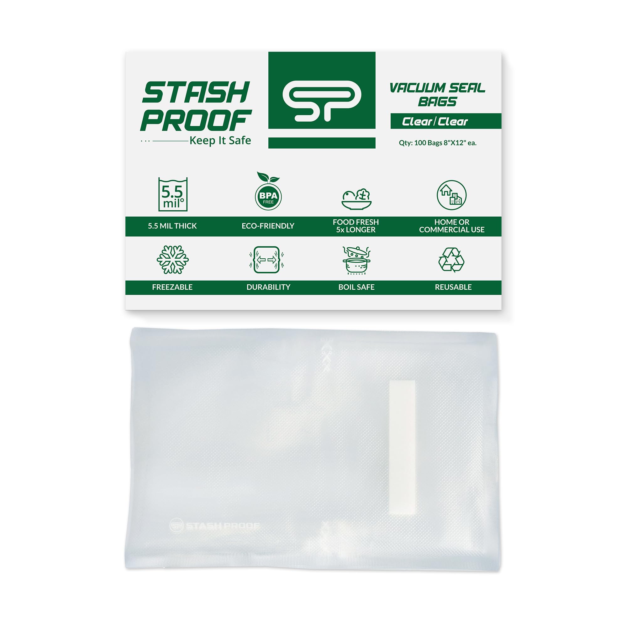 Stash Proof Vacuum Seal Bags 8" x 12" (100 Count) 5.5 Mil (Clear and Clear) - BPA Free Commerical Grade Food Saver for Storage, Sous Vide, and Meal