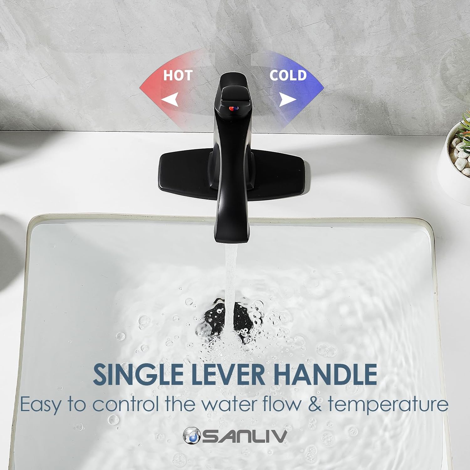 Matte Black Bathroom Faucet 1 Hole, Sanliv Single Handle Bathroom Sink Faucet, Modern Black Vanity Faucet with Deckplate & Pop-Up Drain for One or 3-Hole Farmhouse Sinks - Image 4