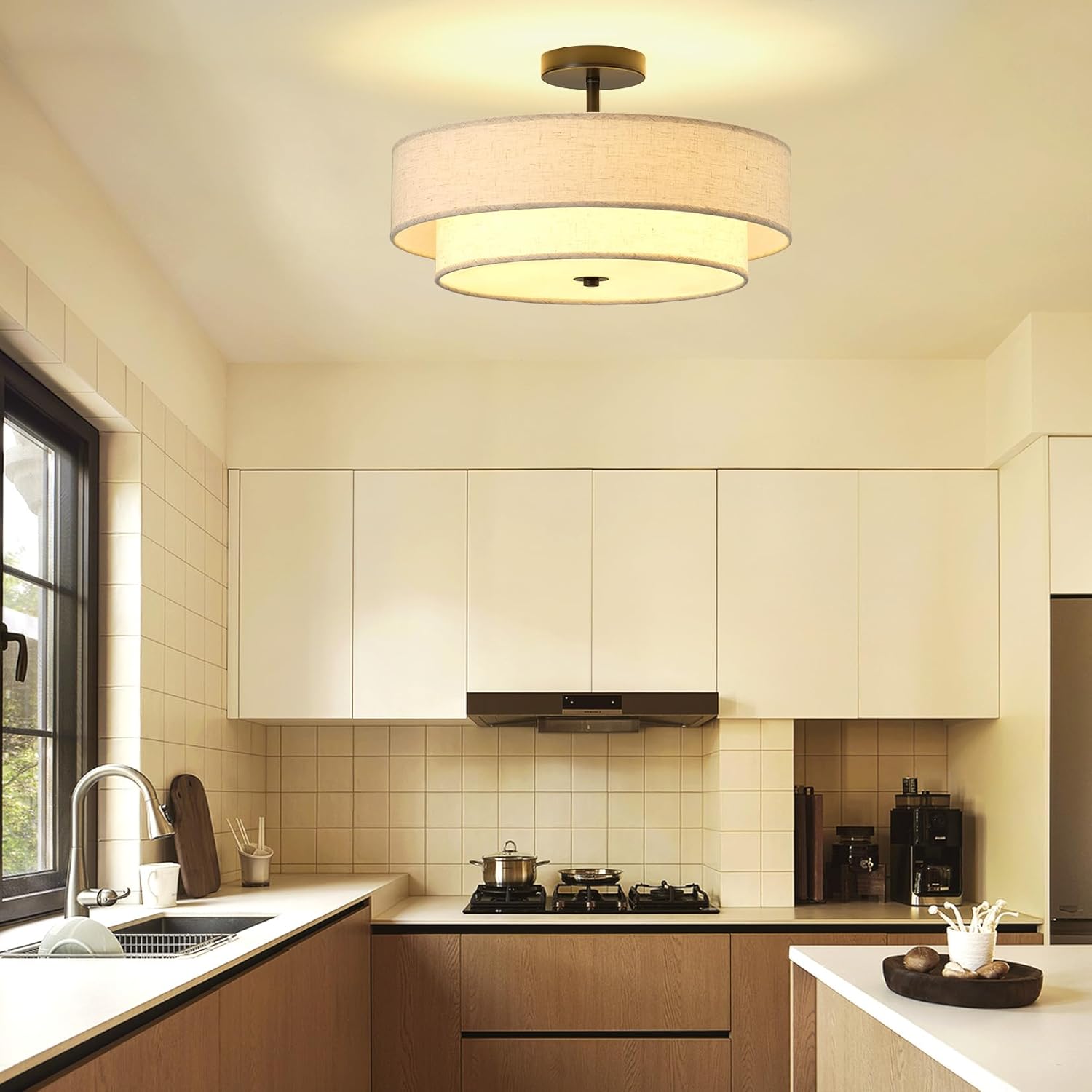17.7" Close to Ceiling Light Fixtures, Black Semi Flush Mount Ceiling Light Fixtures with 2-Tier Drum Fabric Lamp Shade, Modern Ceiling Light Fixtures Flush Mount for Bedroom Hallway Nursery