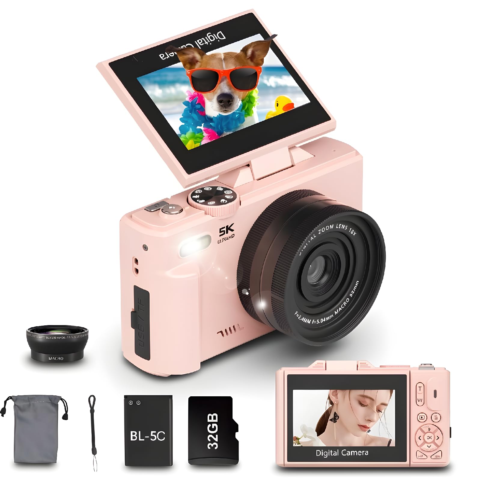 Zunate Cámara Digital de 5k para Fotografía, Cámara de Vlogging UHD de 75MP con WiFi, Zoom 18x, Cámaras de Viaje Compactos de Pantalla de 3 Pulgadas 180 ° con Lente de Gran Angular de - 5K rosa