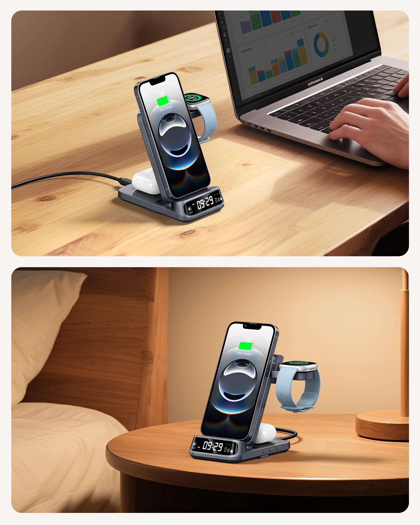 3-in-1 Caricatore Wireless per Fitbit Versa 4/3/Sense 2/1/Pixel Watch 3/2 (Non per Pixel Watch 4/1), Stazione Ricarica per iPhone 17/16/15, per Samsung S25/S24, per Google Pixel, Nessun Adattatore