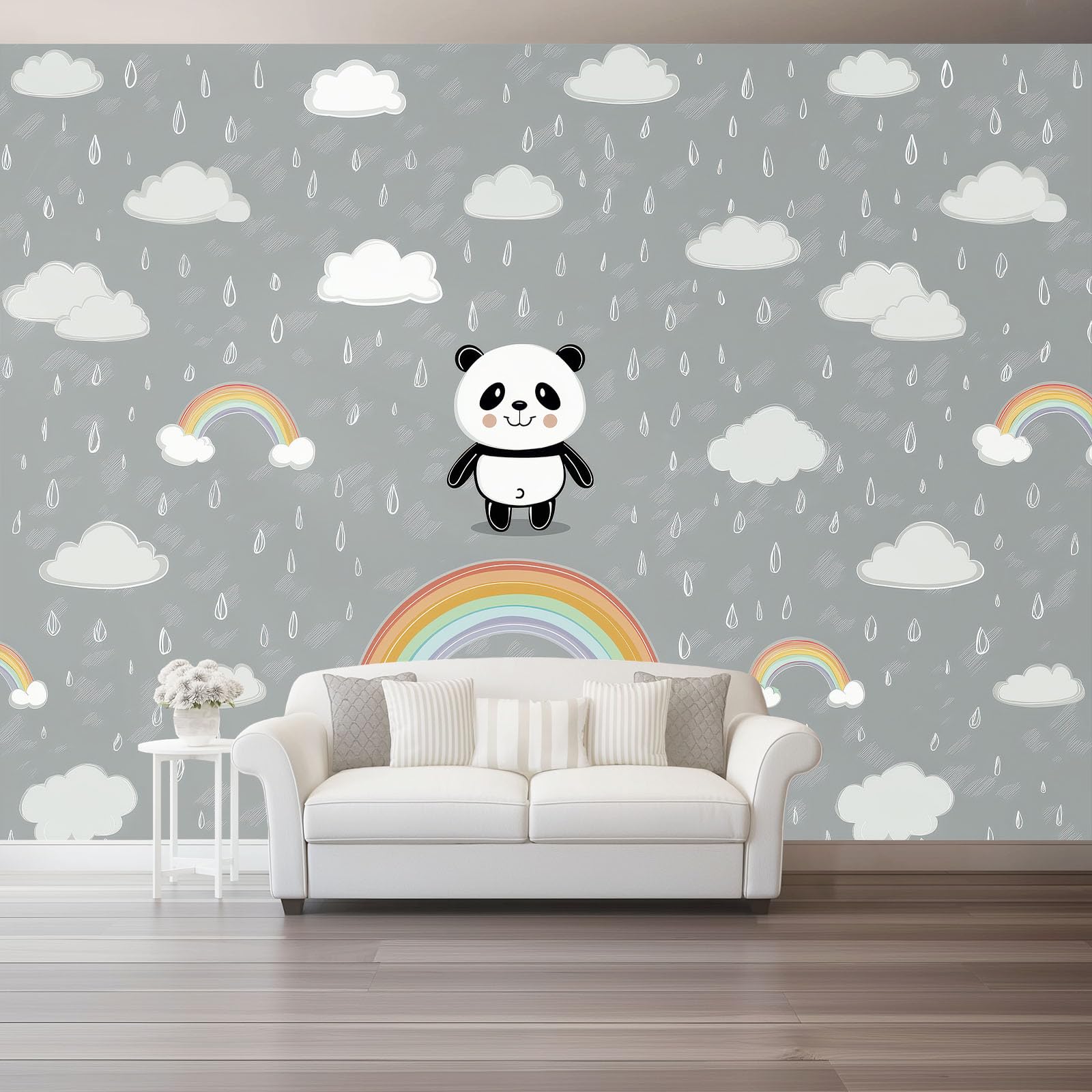 Wolke Regentropfen Tier Panda Grau Vlies Wandbild