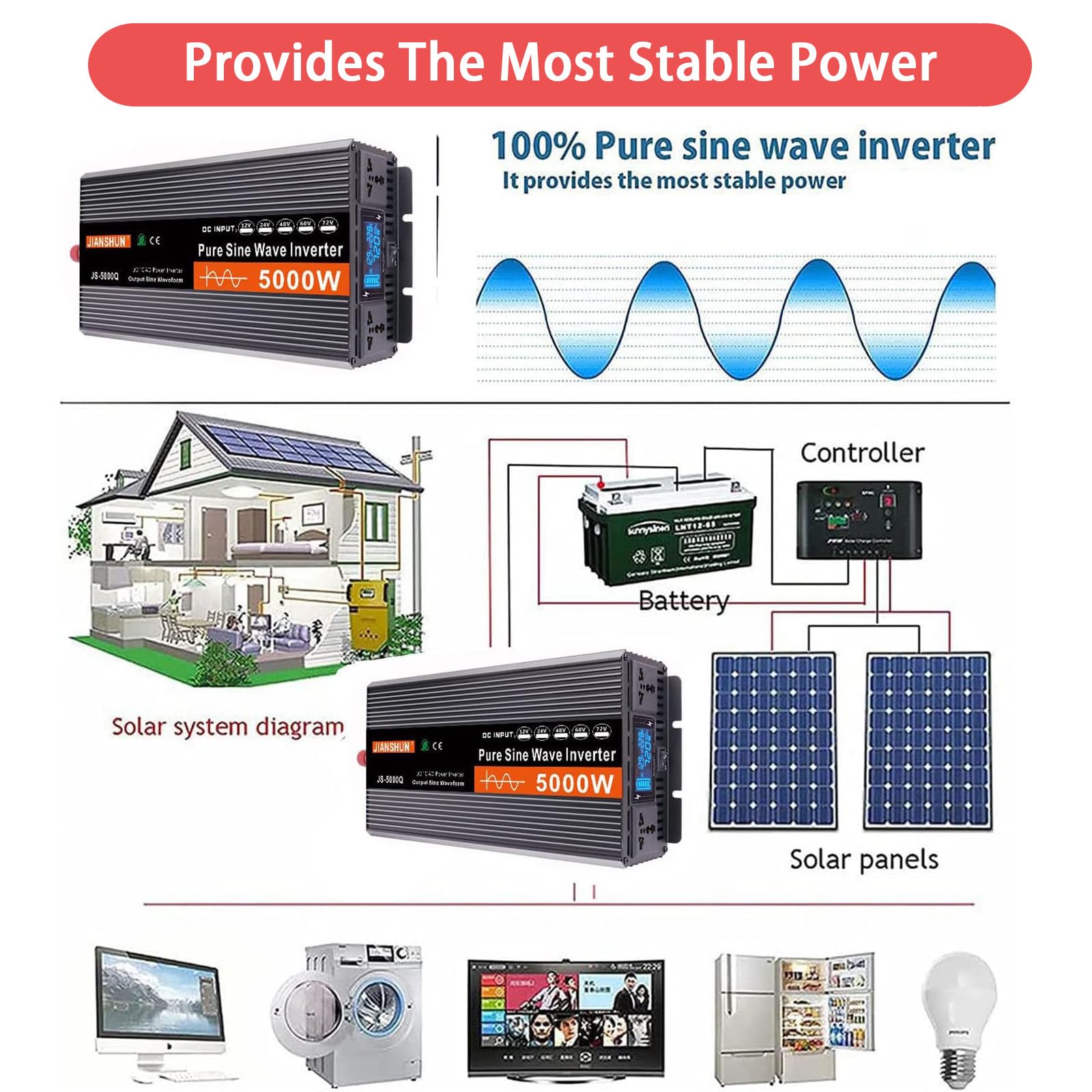 Inverter Onda Sinusoidale Pura 4000w/5000w,Inverter Potenza CC 12v/24v/48v/60v A Ca Inverter Potenza CC,con Dispositivo Promemoria,Display LCD,Doppia Ventola,per Campeggio,60v-4000w