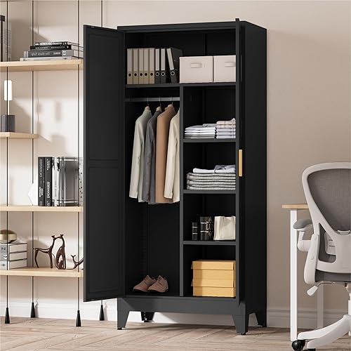 Vista 5 de Armario de metal de 71 pulgadas de alto con estantes ajustables y barra para colgar, armario de almacenamiento de oficina de 2 puertas para el Negro