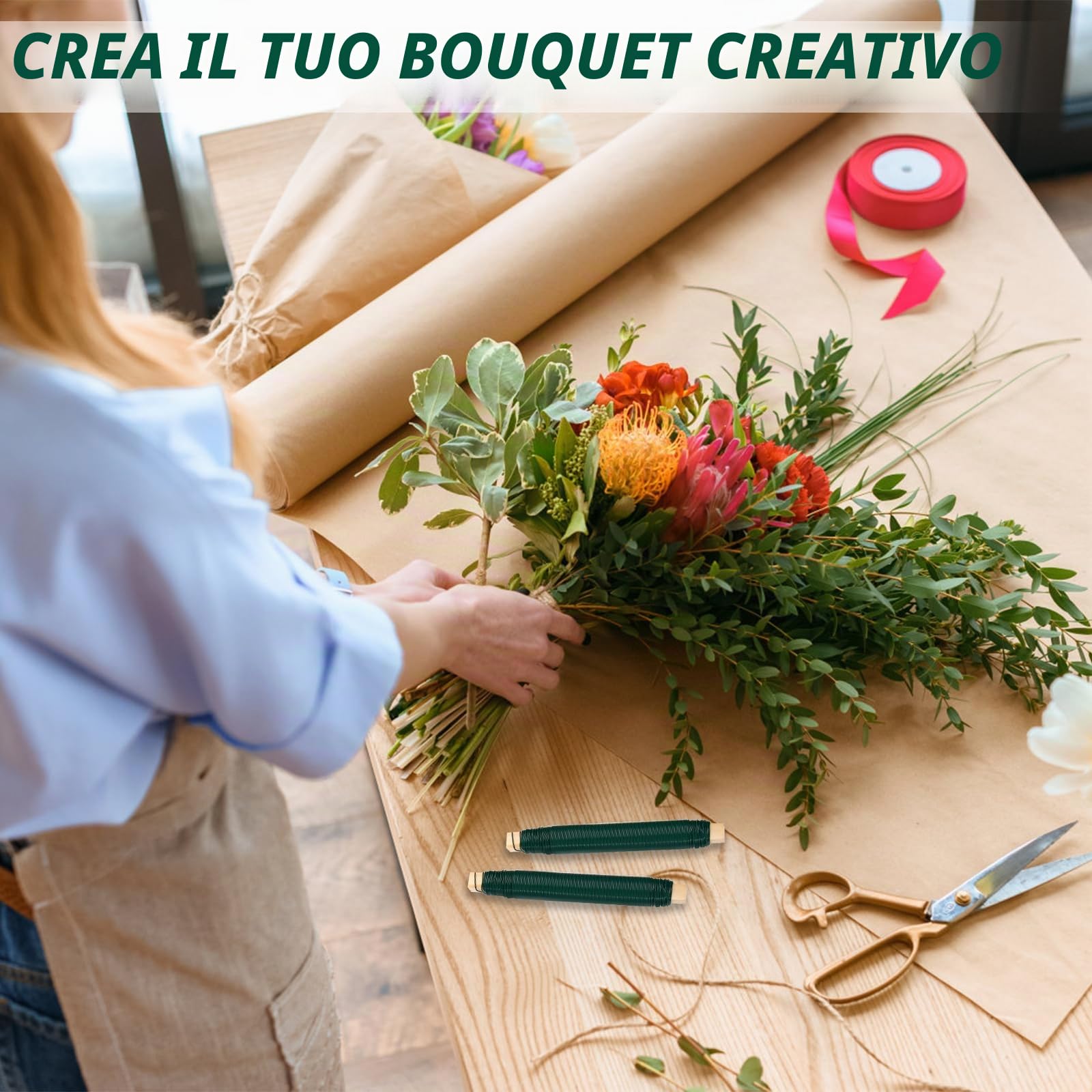 Filo di Ferro Verde per Fiori Set 6 pezzi – 0,70 mm x 35 m Fili per Avvolgere Fiori, Filo Zincato Sottile per Bricolage e Giardinaggio su Rocchetto in Legno, per Fissare Piante, Fiori