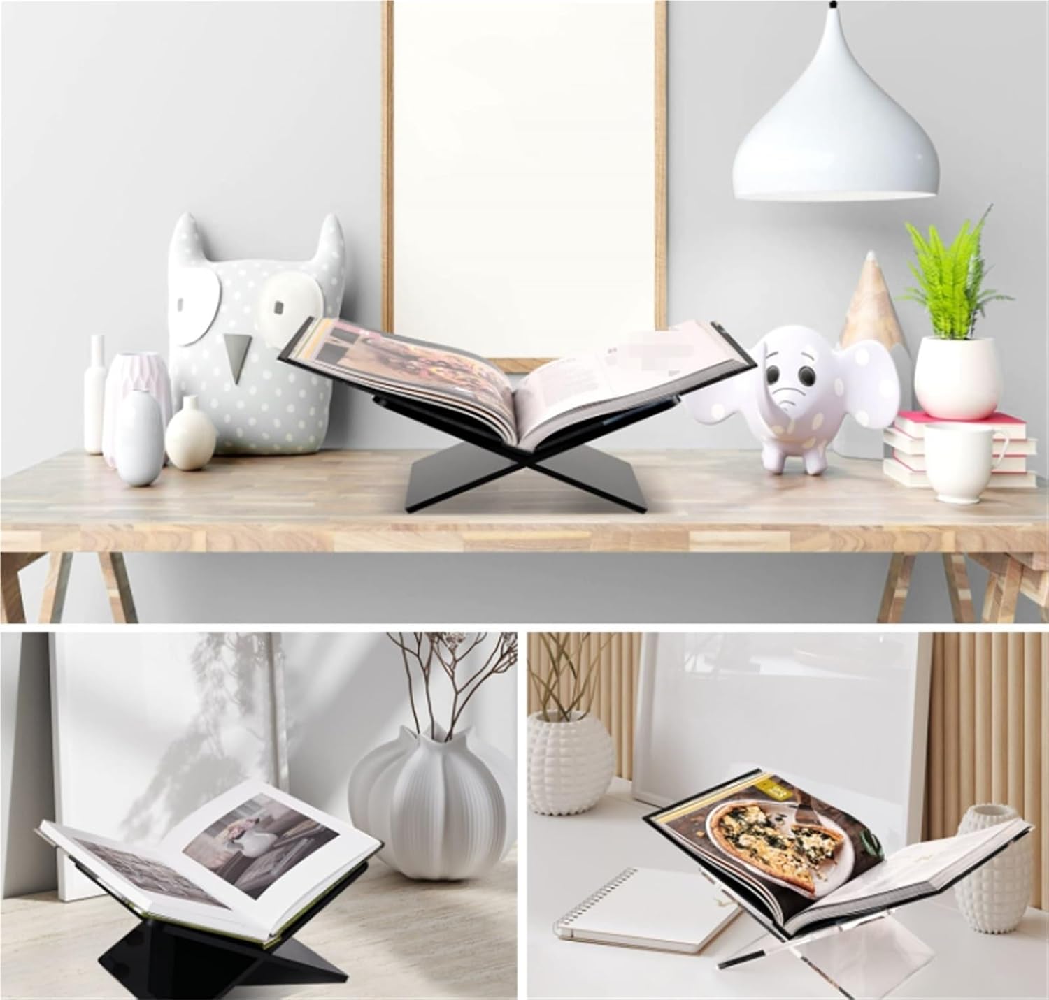 Recipe Holder Acrylic Reading Bookshelf Magazine Desktop Photo Album X-Shaped Display Stand Cooking Helper(Black,22cm)