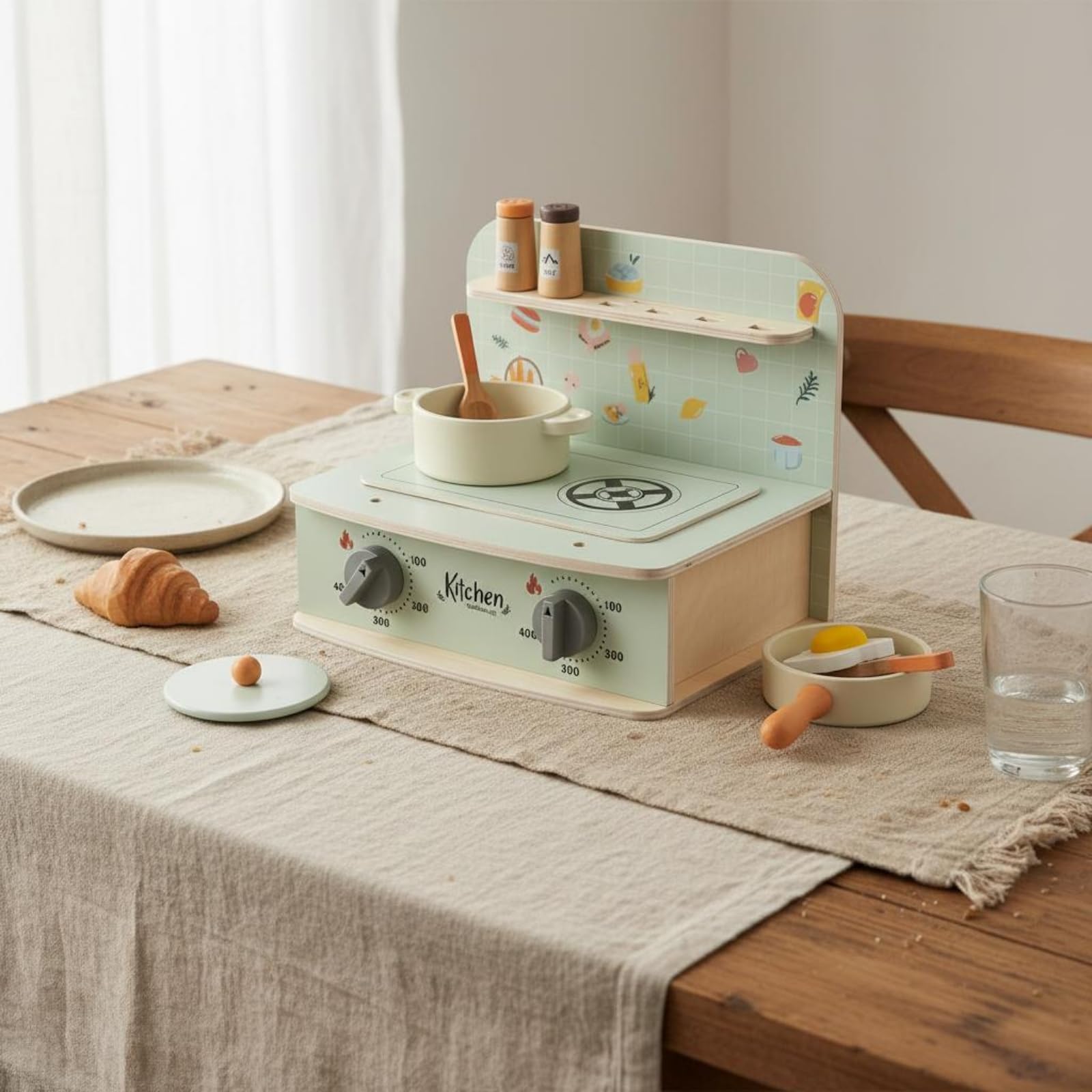 Amagogo Cucina Giocattolo per Bambini Giocattolo Piano Cottura Set Accessori Gioco di Ruolo Legno con Pomelli Grafiche Tema Adatta per Gioco Quotidiano Regali Casa Area