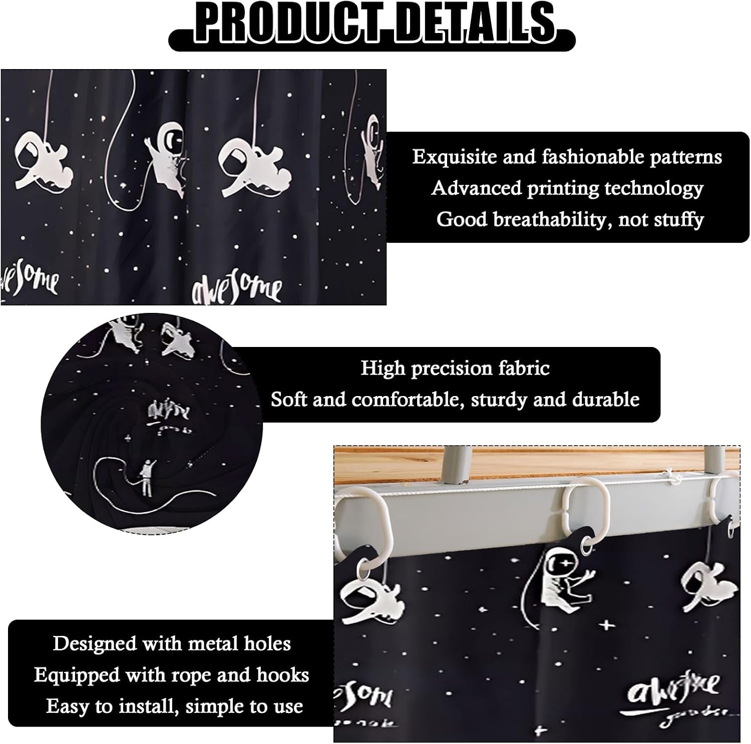 zhidiloveyou 2 Panels Bottom Bunk Bed Curtains Blackout Dorm Canopy Loft Bed Privacy Curtain, Black (Astronaut)