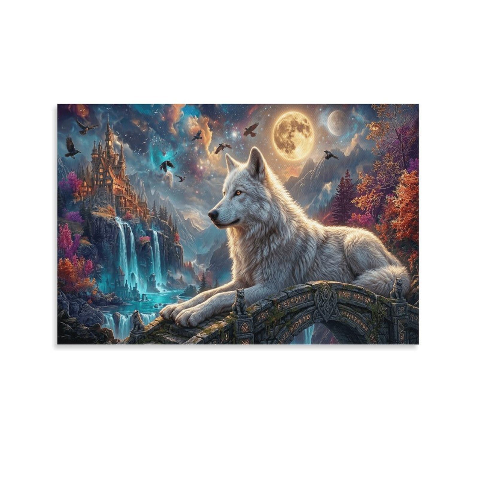 XPASHIQWC Wolf Wall Decor Poster Moonlit Castle Canvas Prints Picture Modern Canvas Wall Art Picture Wall Hanging for Office Gym Living Room Decor 24x36inch(60x90cm)