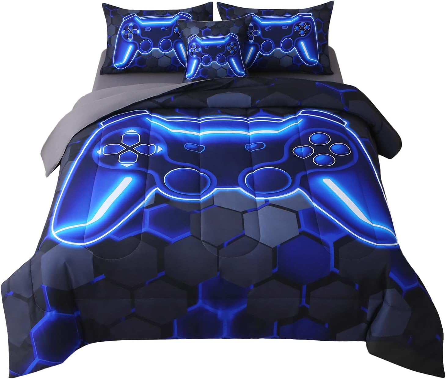 JQinHome Twin Size Gaming Bedding Set 6-Piece Comforter for Boys Teens - 3D Video Game Print Bed in a Bag with Sheets, Blue Cool Black Design (Twin)