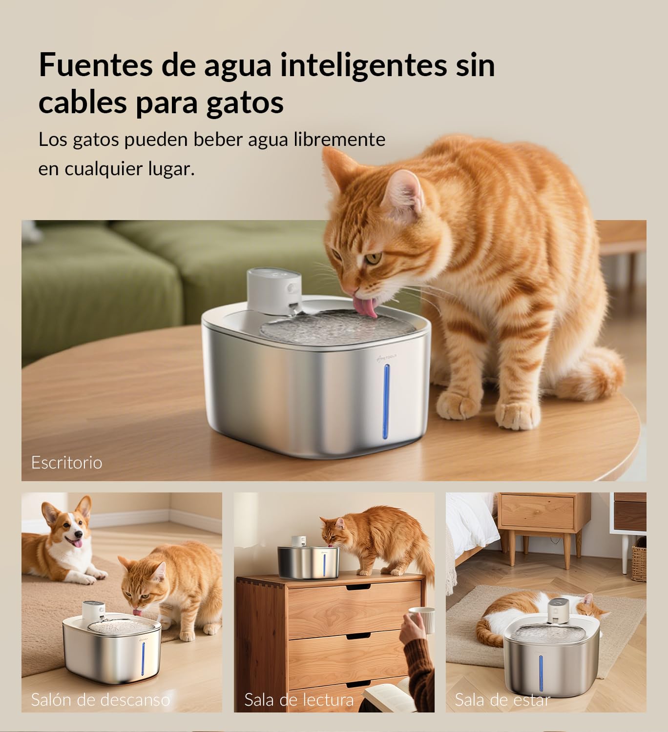 Fuente para mininos Acero Inoxidable, Bebedero mininos, 4L Fuente Agua mininos con Sensor Automático, Bebedero mininos Ultra Silenciosa con Batería de 4000 mAh, FS10pro