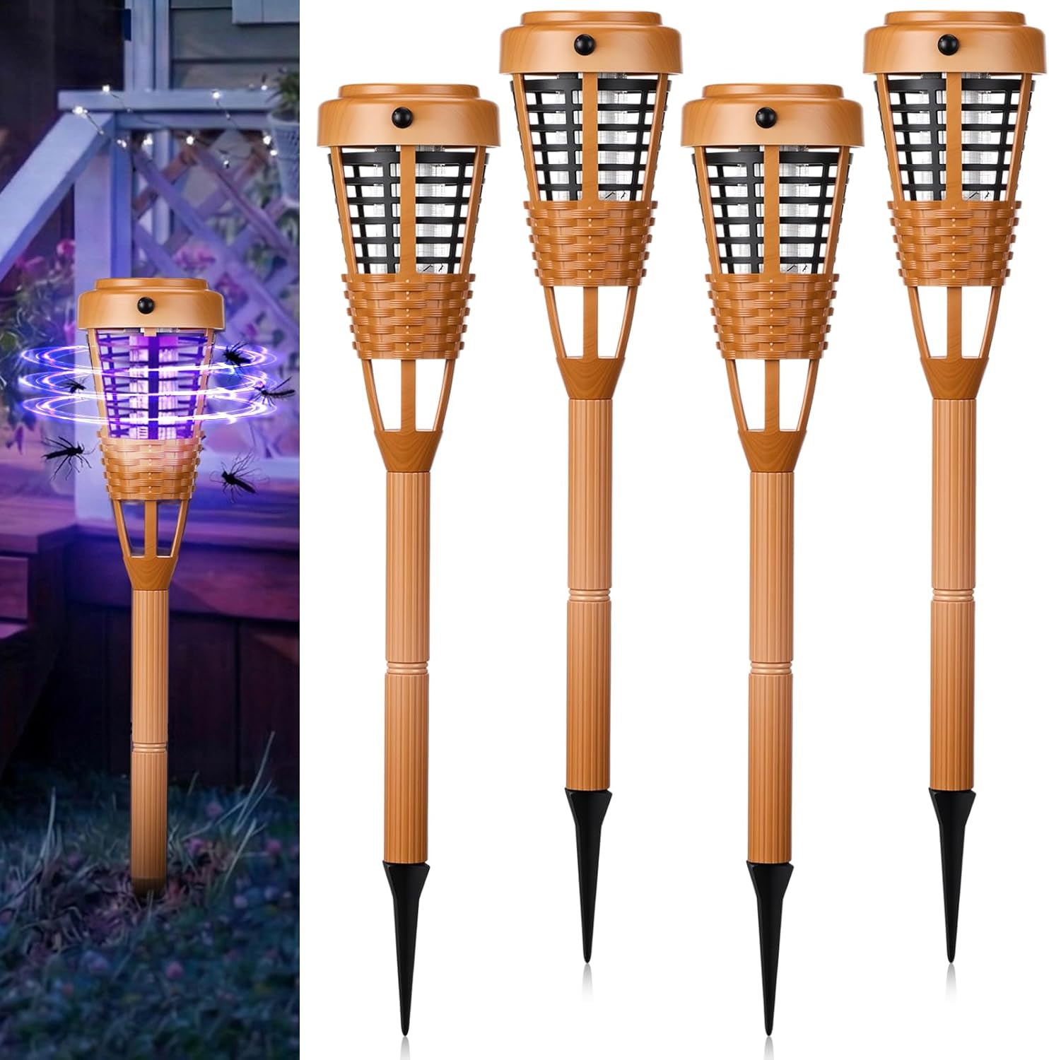 4 Pcs Solar Bug Zapper Outdoor, Torch Zapper Lights Waterproof Mosquito Killer Lamp with Auto On/Off Lighting,Purple Bug Light and White Ambient Light for Garden Patio Yard Balcony(Orange)