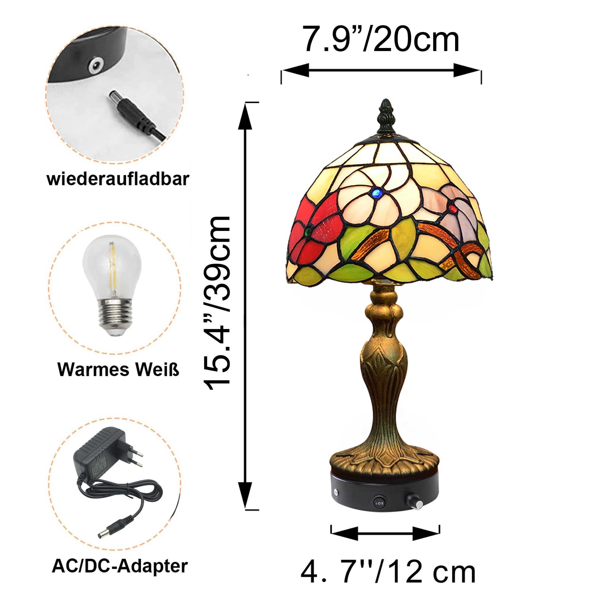 Tiffany-Stil Tischlampe Kabellos Warmweißes, Wiederaufladbar Tischleuchte, Dimmbar Nachttischlampe mit Glasschirm für Nachttisch Esszimmer Schlafzimmer -TD0769