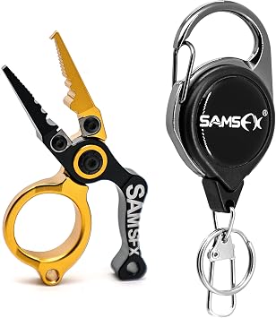 SAMSFX Mini Fishing Pliers with Fly Fishing Zinger Retractor, Fish Hook Remover Tool, Split Ring Pliers for Saltwater & Freshwater, Tungsten Carbide Cutters, Fishing Gear Gift for Anglers