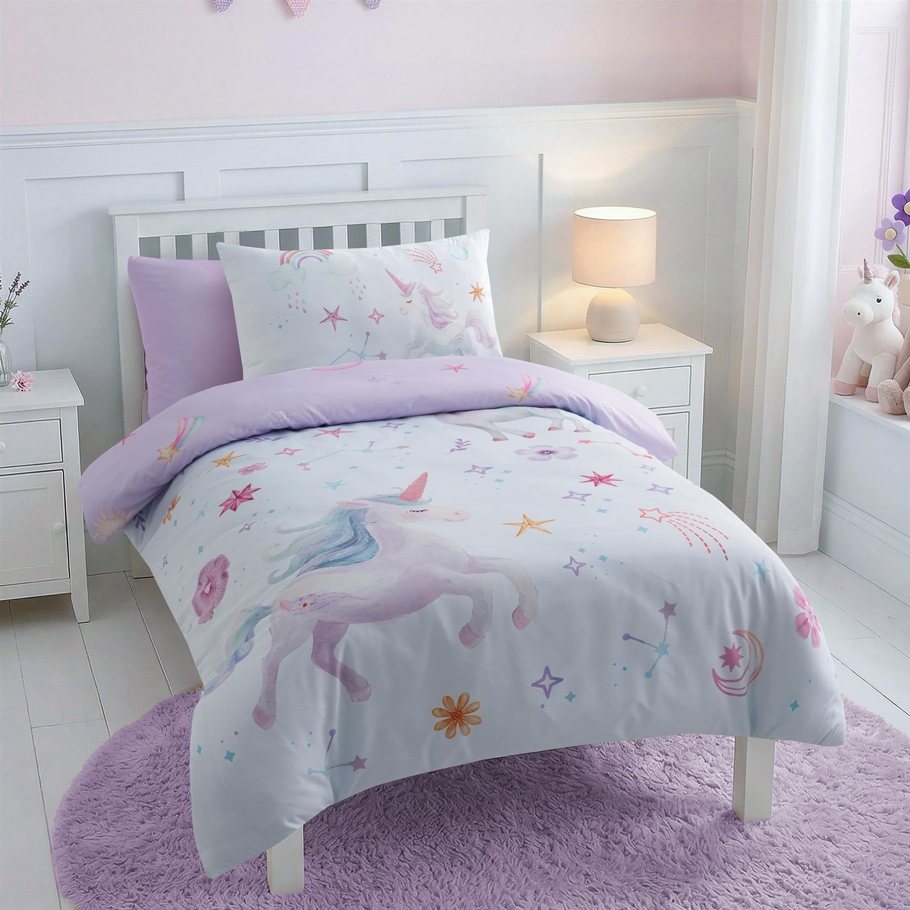 Adore Home Cot Bed Duvet Cover Set - Reversible Lilac Unicorn Toddler Bedding with Pillowcase - Microfibre Kids Junior Unicorn Bedding