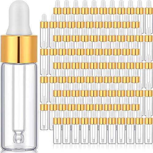 Bokon 100 botellas de cristal con gotero de aceite esencial, frascos de muestra vacíos con tapa negra, pequeños frascos de almacenamiento con