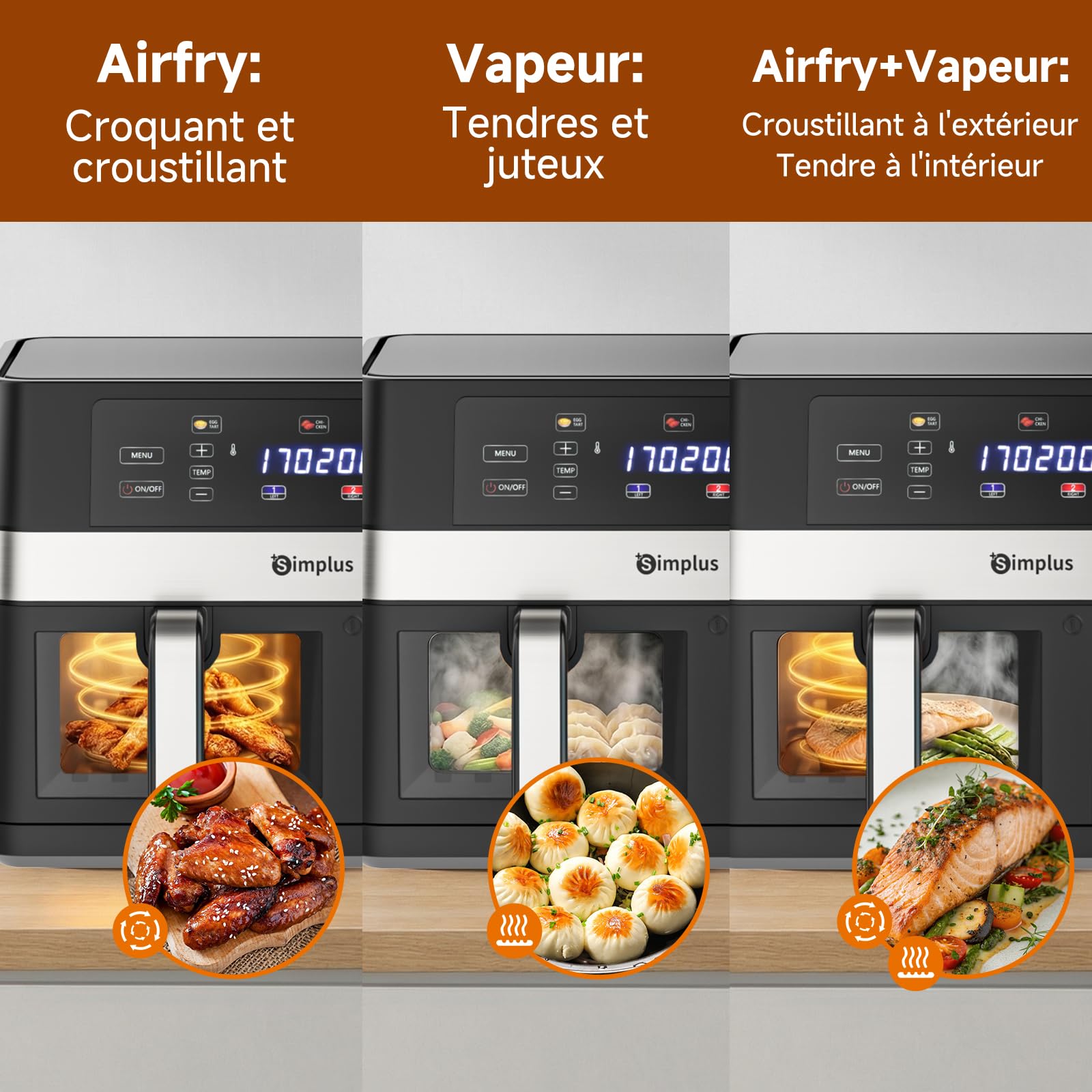 SIMPLUS Friteuse à Air Double Panier 10L, 1800W, Écran Tactile LCD, 11 Programmes, Fenêtre Visible, Four à Air Chaud avec Micro-Vapeur, Noir