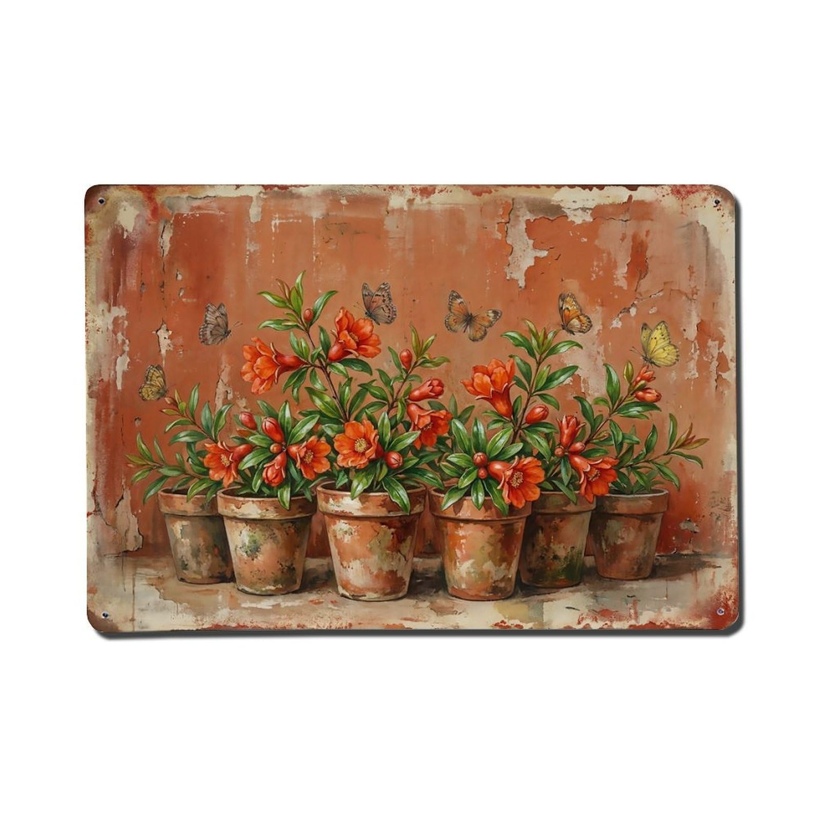 Vintage Rustic Flower Potted Plants Pomegranate Metal Tin Sign