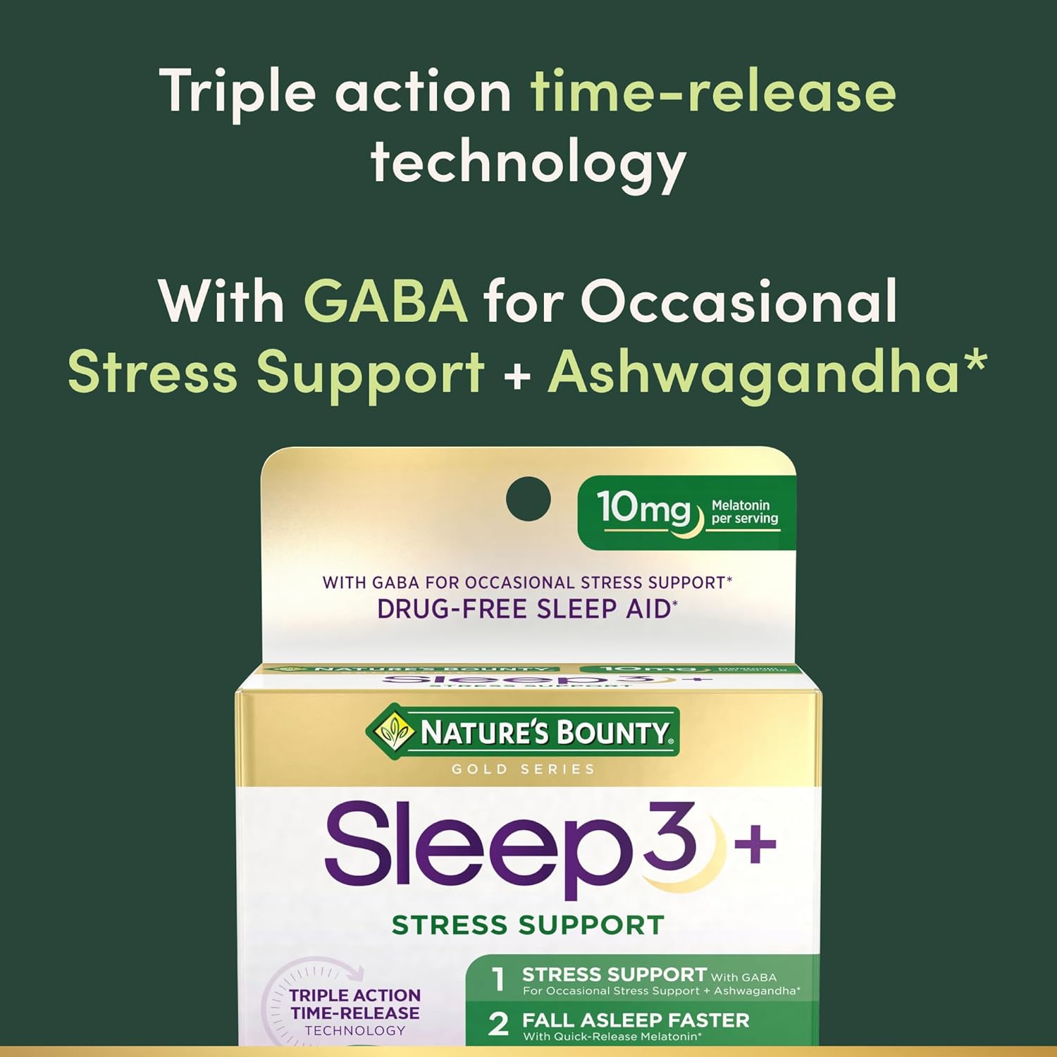 Nature's Bounty Stress Support Plus Melatonin, Sleep3 Maximum Strength 100% Drug Free Sleep Aid, Dietary Supplement with Ashwagandha, Time Release Technology, 10mg, 56 Tri-Layered Tablets - Image 3