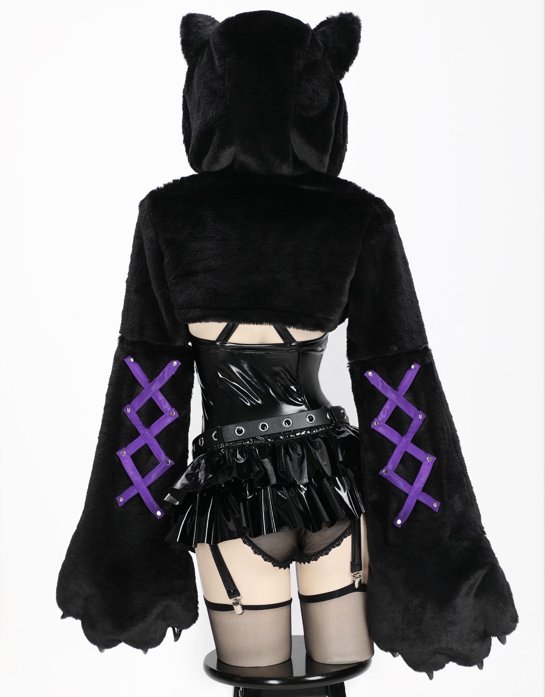 MEOWCOS Paw Hoodie Top Set Gothic PU Leather Corset Top and Mini Skirt with Thigh High Stocking