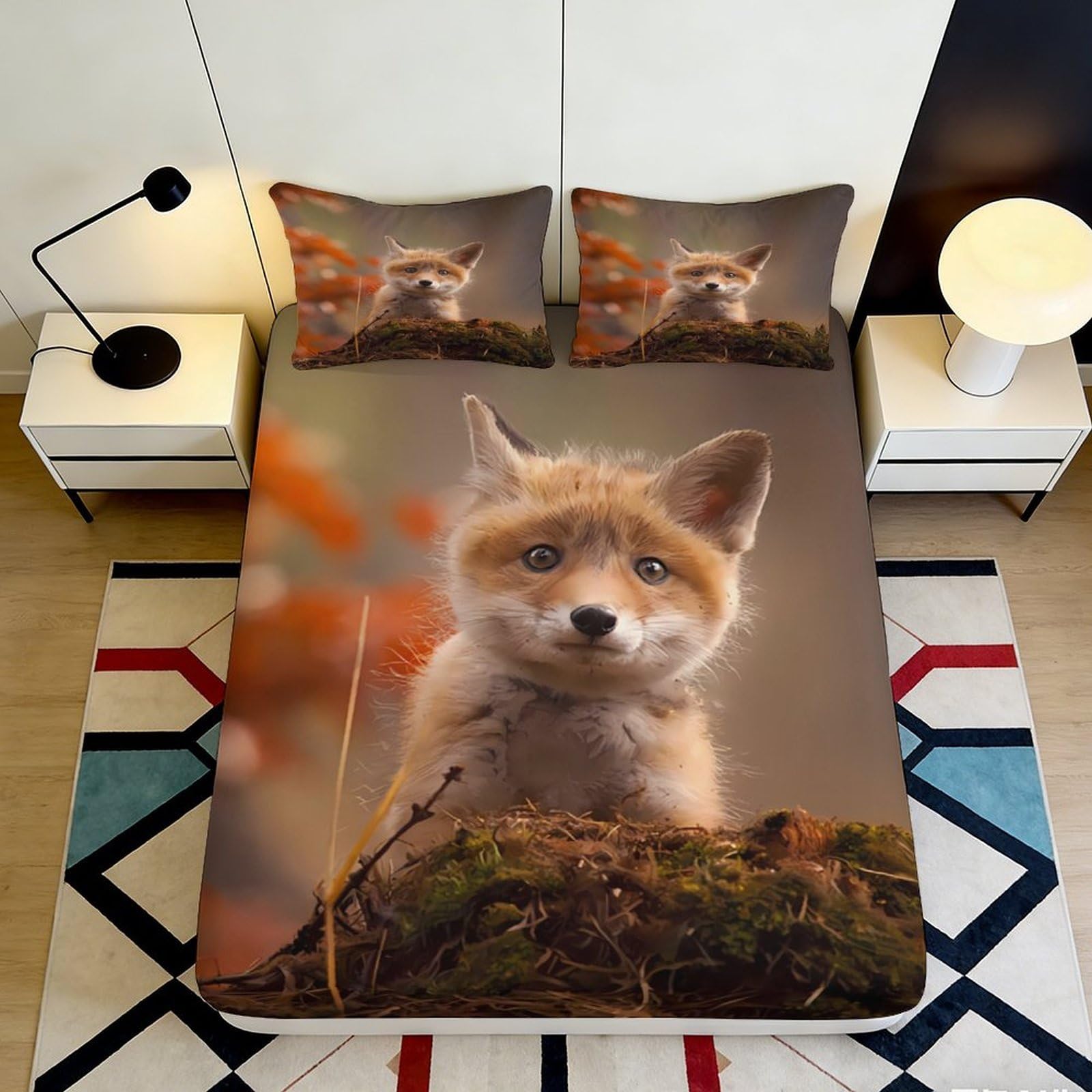 3D Printed Cute Fox Fitted Sheet Microfiber Soft Breathable Woodland Animal Bed Cover for Bedroom Dormitory Guest Room Mattress Protection Decor 90x200x25cm