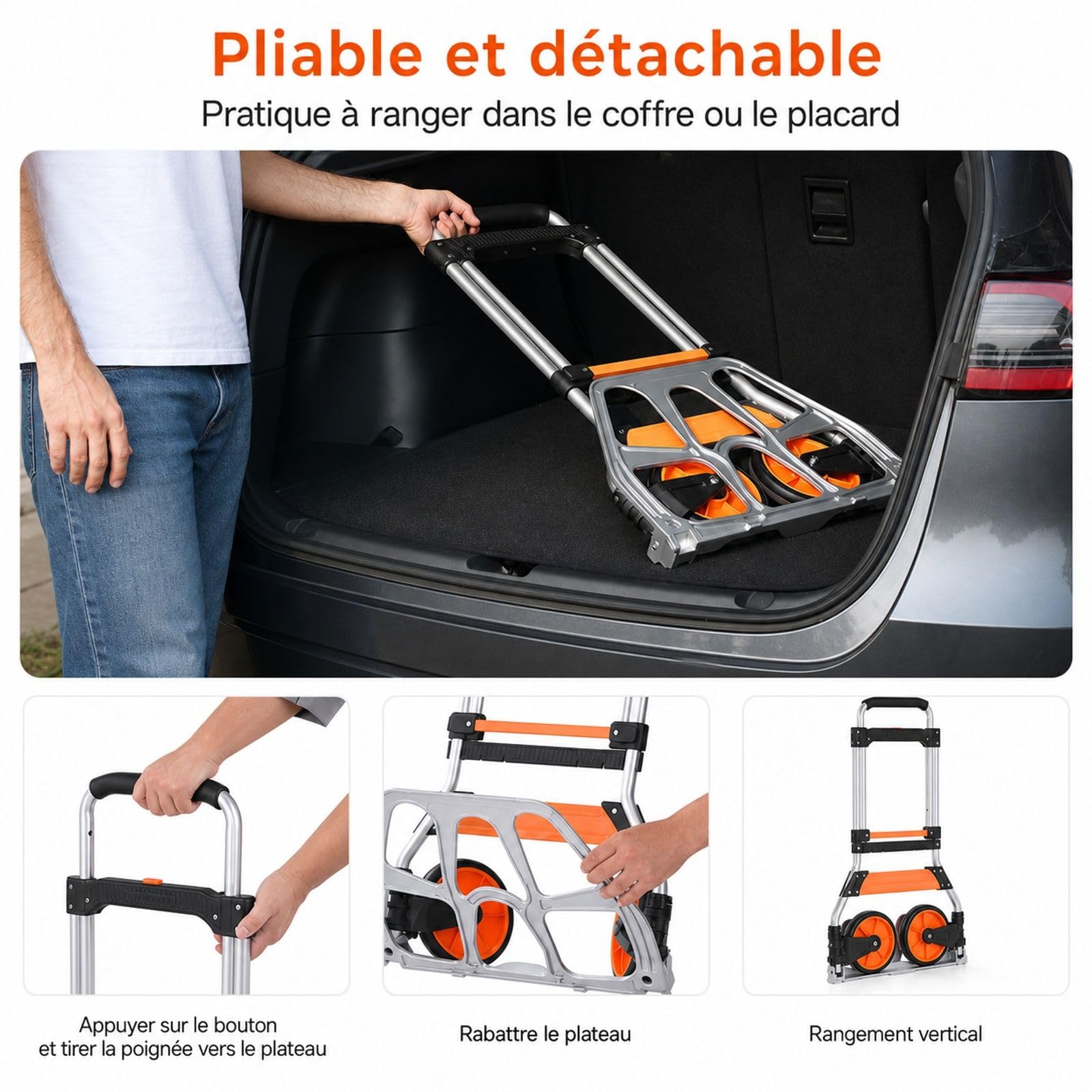Diable Pliant 125 kg en Aluminium, Roues en Caoutchouc, poignée télescopique, pour Maison, Transport, entrepôt, Marchandises