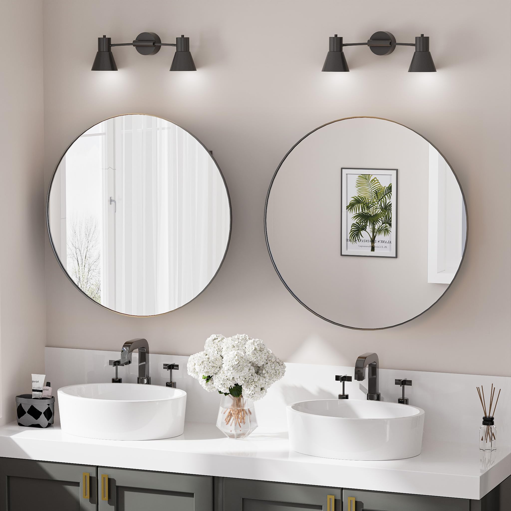 Armoire Salle de Bain avec Miroir Murale Arrondi Métal Armoire de Toilette Miroir avec 2 Étagère Noir (Aucun Assemblage requis) 52x52x12.5 cm