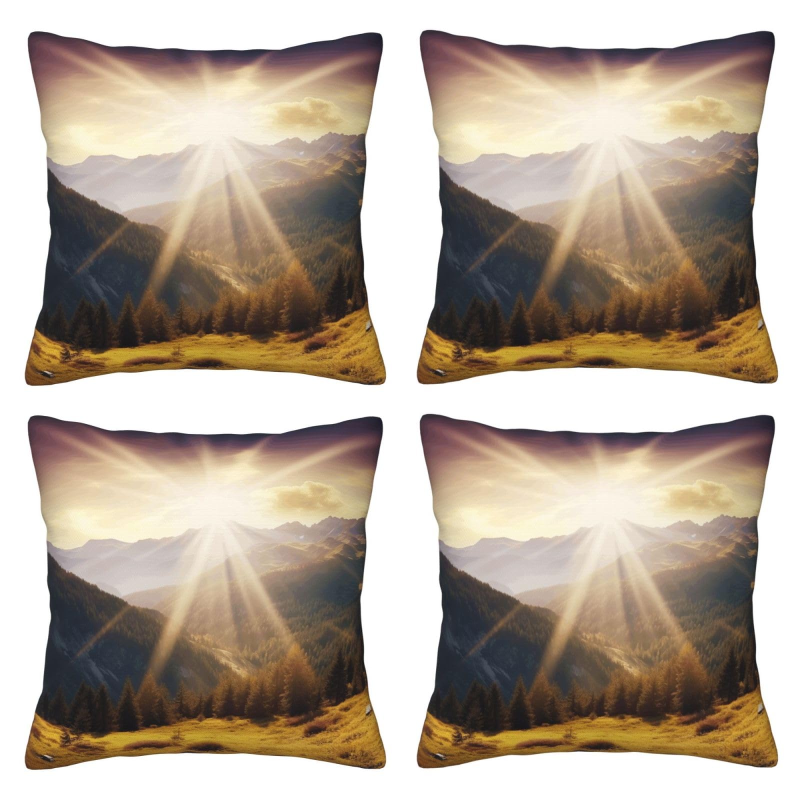 Sunshine in Mountains Throw Pillow Cases 4 Pack Square Pillowcases Super Soft Pillow Protectors With Zipper for Couch Livingroom Sofa Bed Office Car,40x40 CM