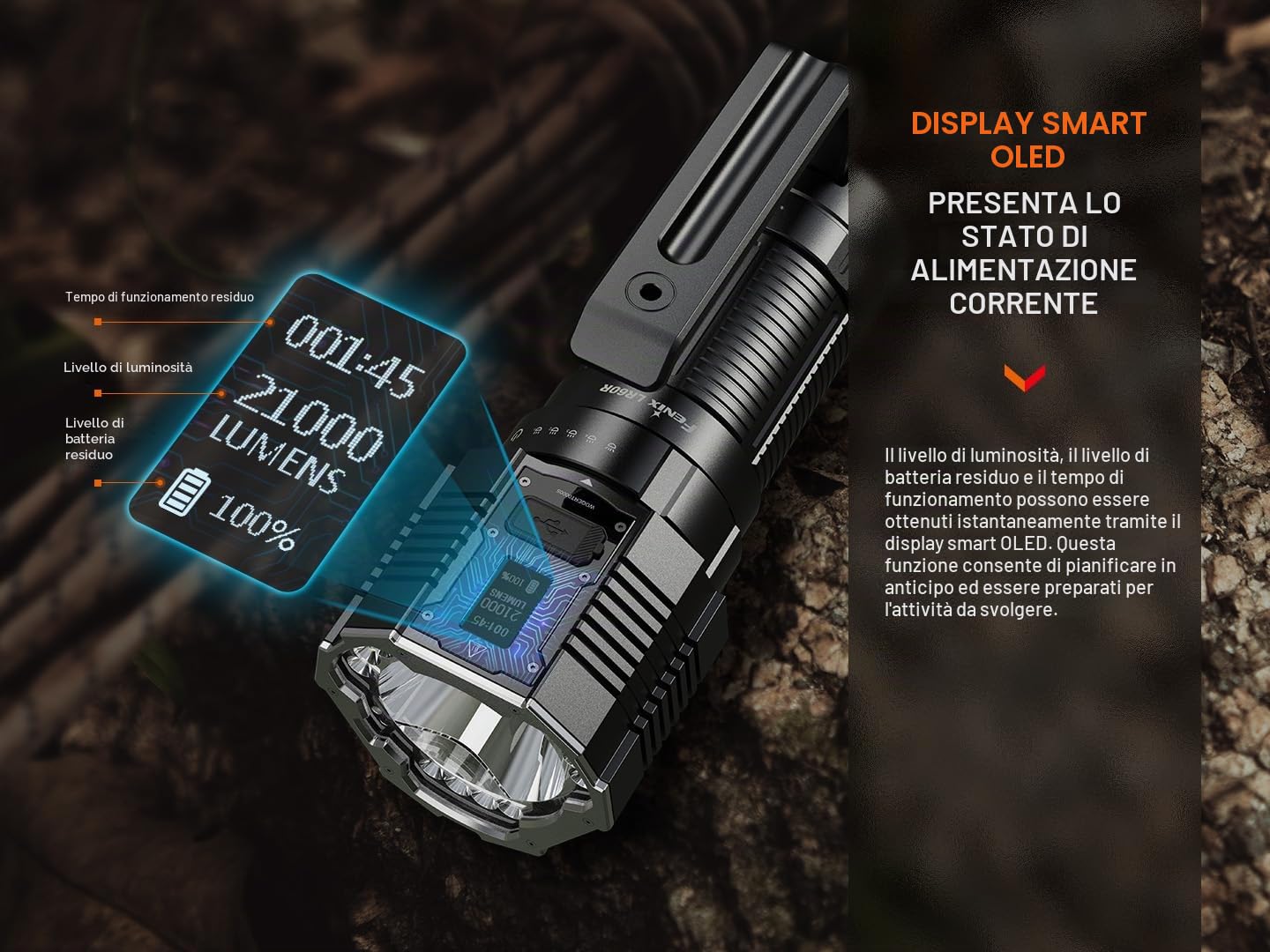 Fenix LR60R - Torcia a LED, estremamente luminosa, 21000 lumen, 1085 m, USB-C, batteria a ricarica rapida da 45 W, batteria da 4000 mAh, schermo OLED, IP68, impermeabile, per esterni, ricerca