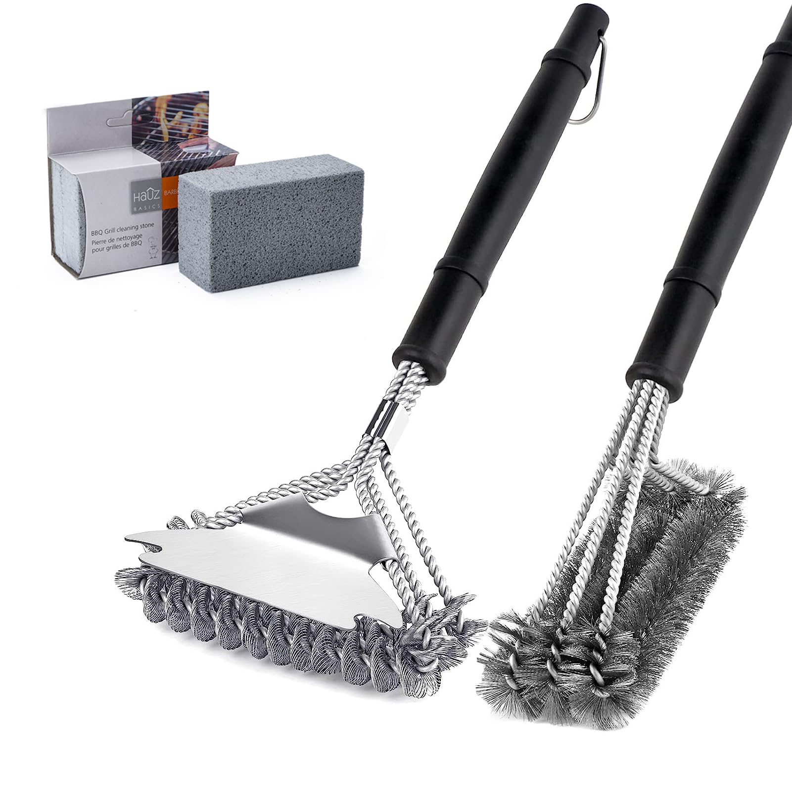 Stainless Grill Brush and Scraper, 4 Pcs Barbecue Set with Grill Cleaning Brick, Safe Grill Cleane Brush, 17" Stainless Grill Grate Cleaner Brush nd Scraper for Gas/Porcelain/Charbroil Grates