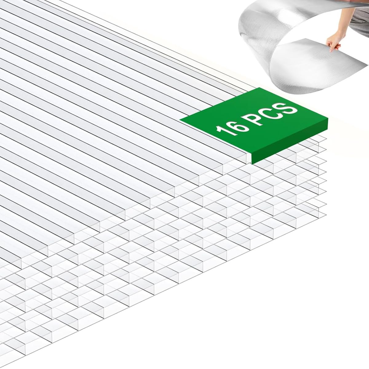 16PCS Greenhouse Panels, 4' x 2' Double Layer Polycarbonate Sheets, Waterproof, UV Protected, Reinforced Corrugated Plastic Roof Panels Cover feuille de Polycarbonate (Transparent, 16 PCS)