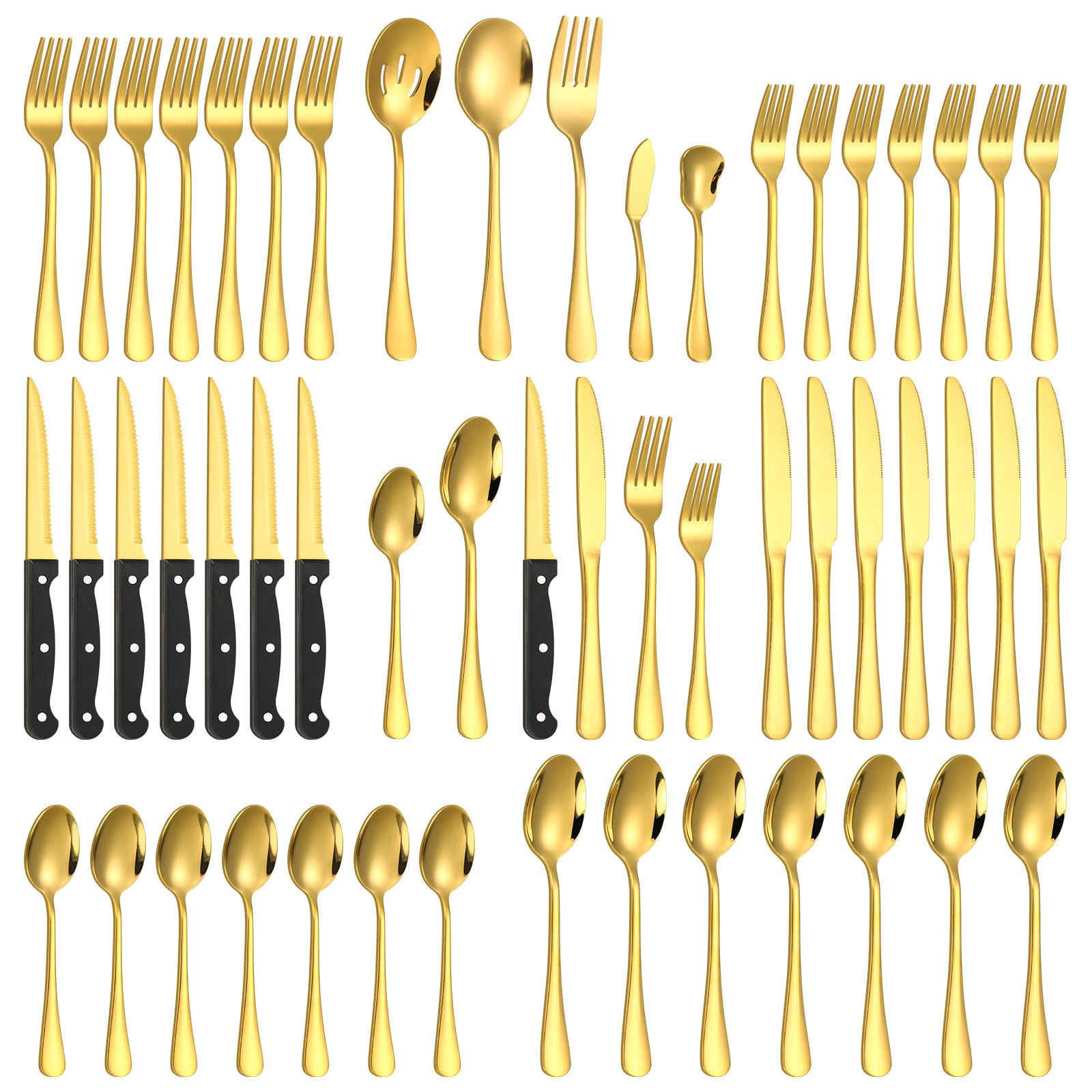 Lazycorner 53 Piece Gold Silverware Set for 8, Flatware Set with Steak Knives for 8 and 5 Public Serving Use Set 18/10 Stainless Steel Utensils Set Cutlery Set For Restaurant Hotel Dishwasher Safe