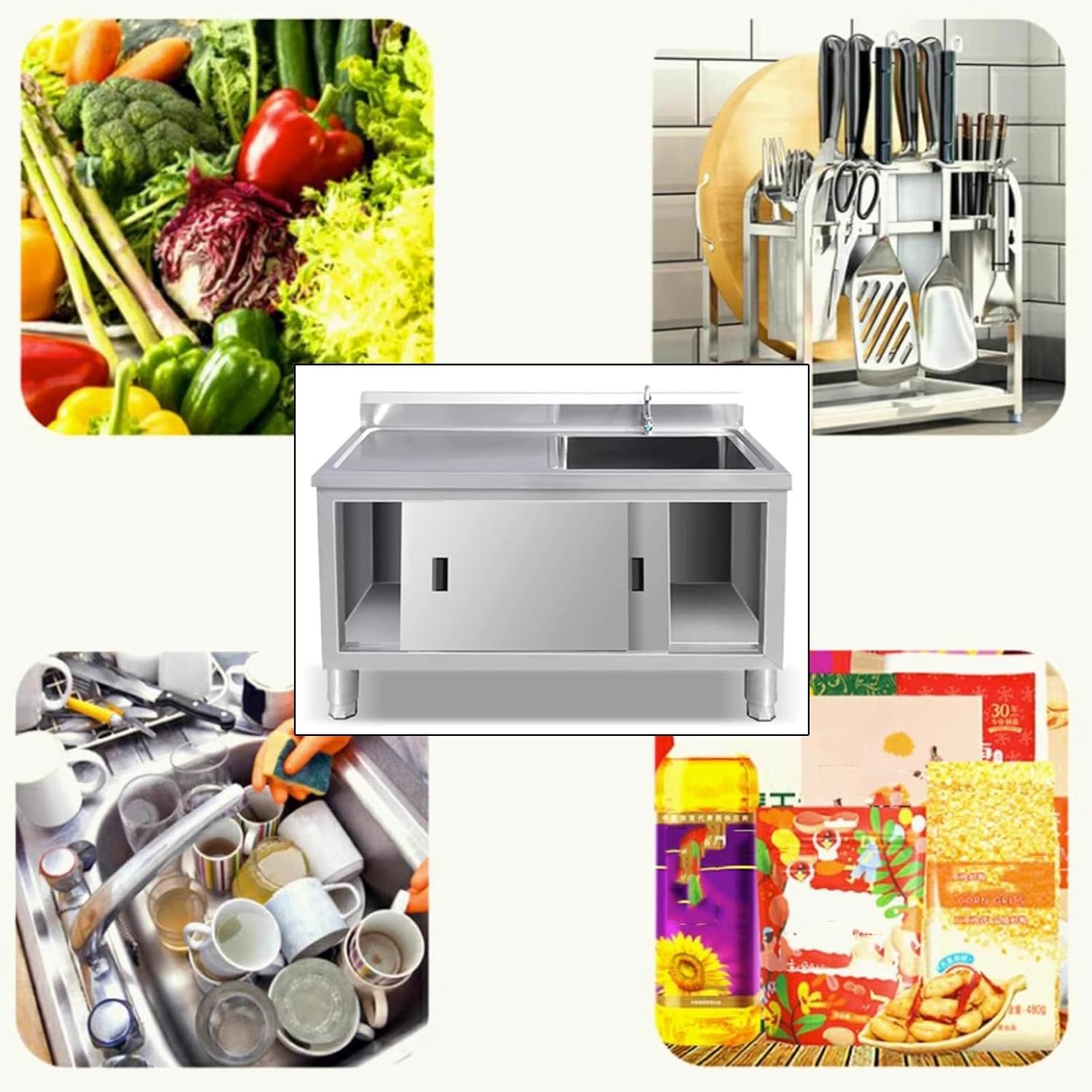 Freestanding Sink Cabinet Commercial Stainless Steel Sink Single Sink Sliding Door Sink Large Space Storage Cabinet Adjustable Feet(39.4 * 19.7 * 31.5in Left Sink)