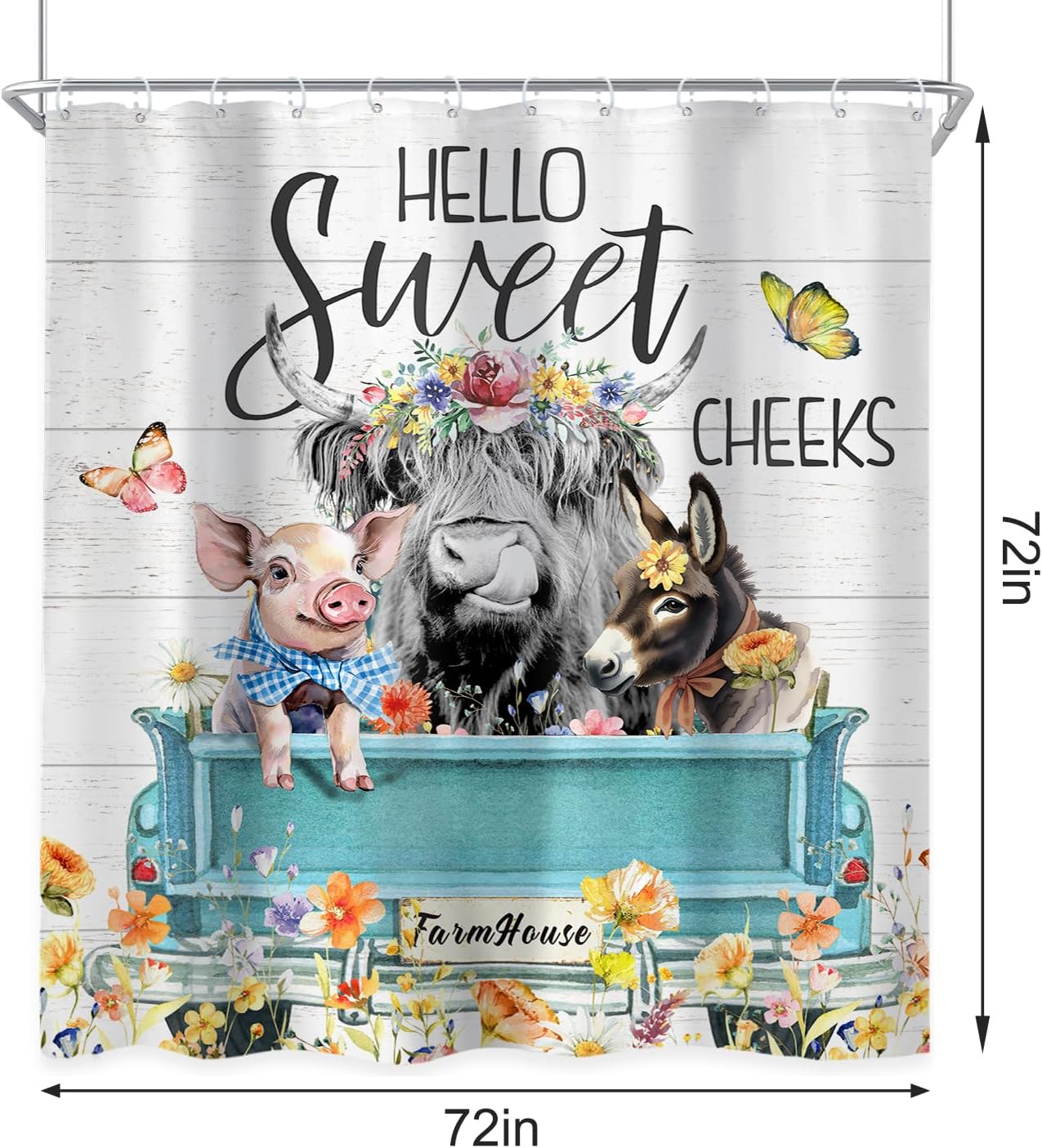 Newsely 4Pcs Highland Cow Farm Shower Curtain Set With Non-Slip Rugs, Toilet Lid Cover and Bath Mat, Western Bull Chicken Pig Shower Curtain With 12 Hooks, Flower Truck Bath Curtain for Bathroom Decor