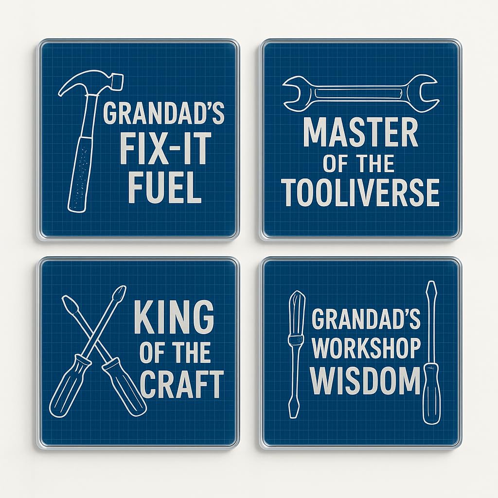 The Plum Penguin Toolbox Lore Acrylic Coaster Gift Set Of 4 With Industrial Tool Design - For Grandad's Man Cave Or Home Bar