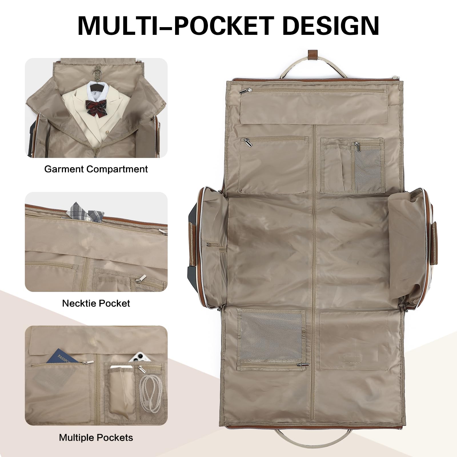 Kleidersack Reisetasche mit Rollen für Damen Umwandelbare Anzugtasche Handgepäck mit Griff und Schuhfach für Kleider Reise Business Hochzeiten 3-in-1-Trolley Garment Duffel Bag 55L, Beige