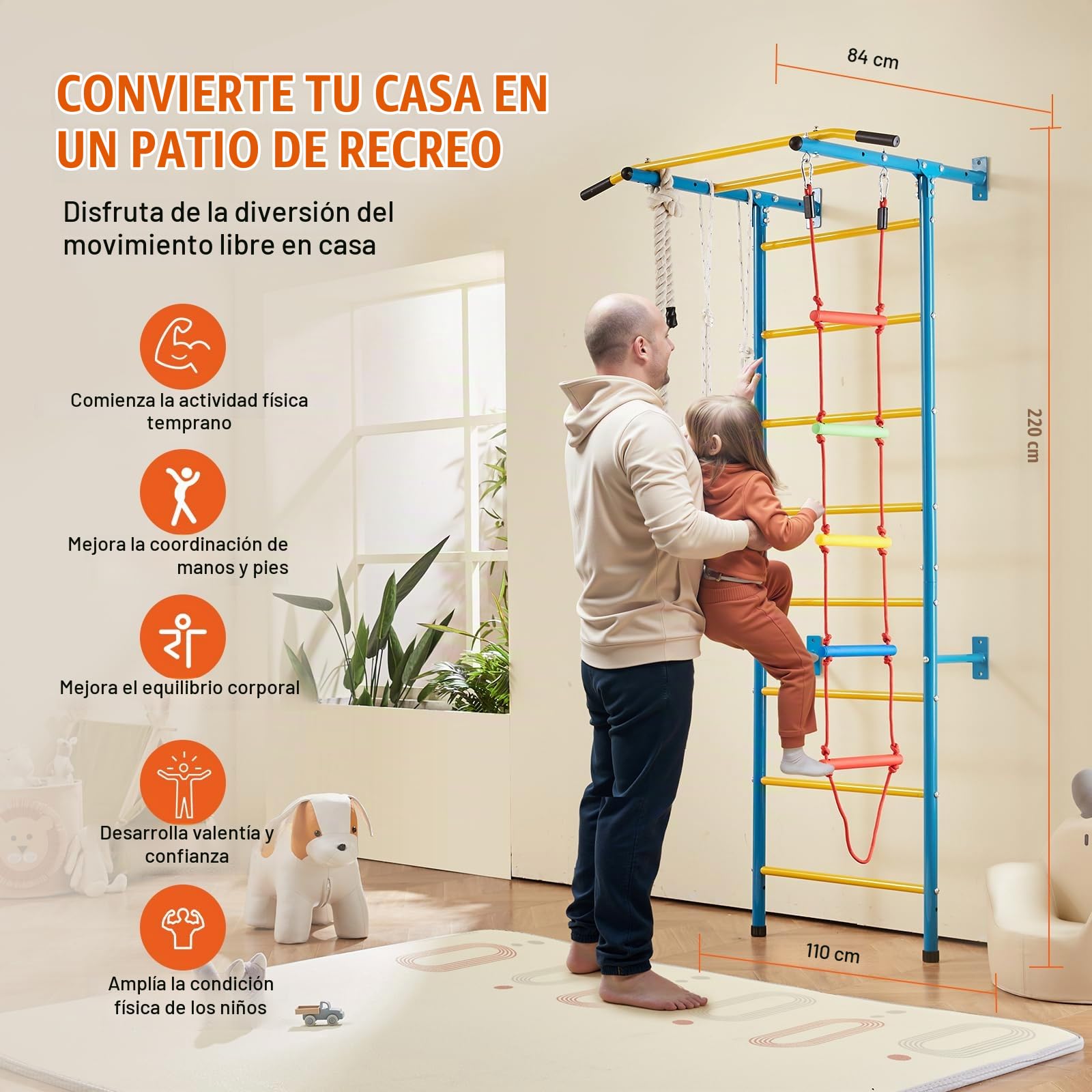 VEVOR 5 en 1 Juego de Escalada para Niños con Escalera Sueca de Acero al Carbono, Escalera de Pared, Barra de Dominadas, Escalera de Cuerda y Anillos de Gimnasia, Carga de 99,8 kg, Multicolor