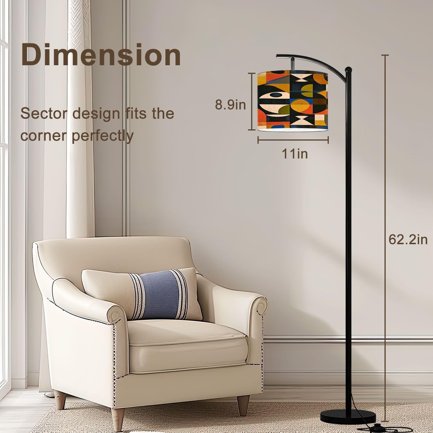 Arc Floor Lamp Mid Century abstract pattern artwork made various geometry shapes Tall Standing Lamp Modern Dimmable with Remote Adjustable Drum Shade Footswitch for Living Room Bedroom Office