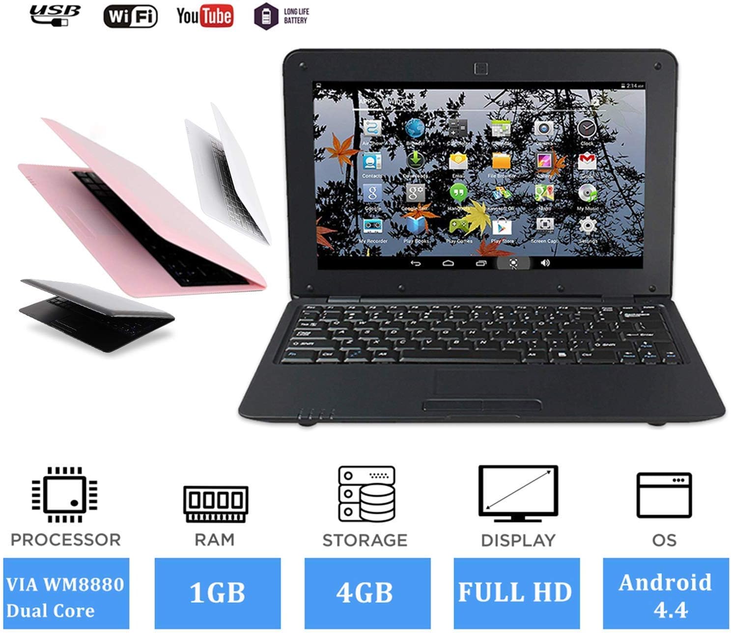 Idol 10 inch Laptop Notebook Small Computer Mini Netbook PC Ultrabook Android 4.4 HDMI Dual Core WiFi Camera Accessories Laptop Bag + Mouse + Mouse Pad + Earphone (4GB, Black)