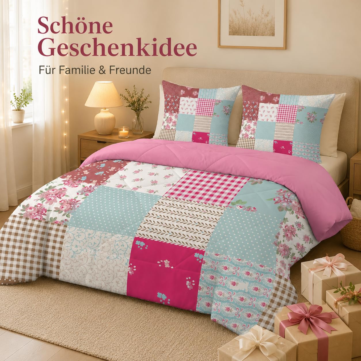 Blumen-Patchwork Bettdecke 135x200 4 Jahreszeiten, Wende Steppdecke 135x200, Warme Ganzjahresdecke Modernes Patchwork Bettdecke ohne Bezug Waschbar Schlafdecke mit 2 Kissenbezug 80x80cm