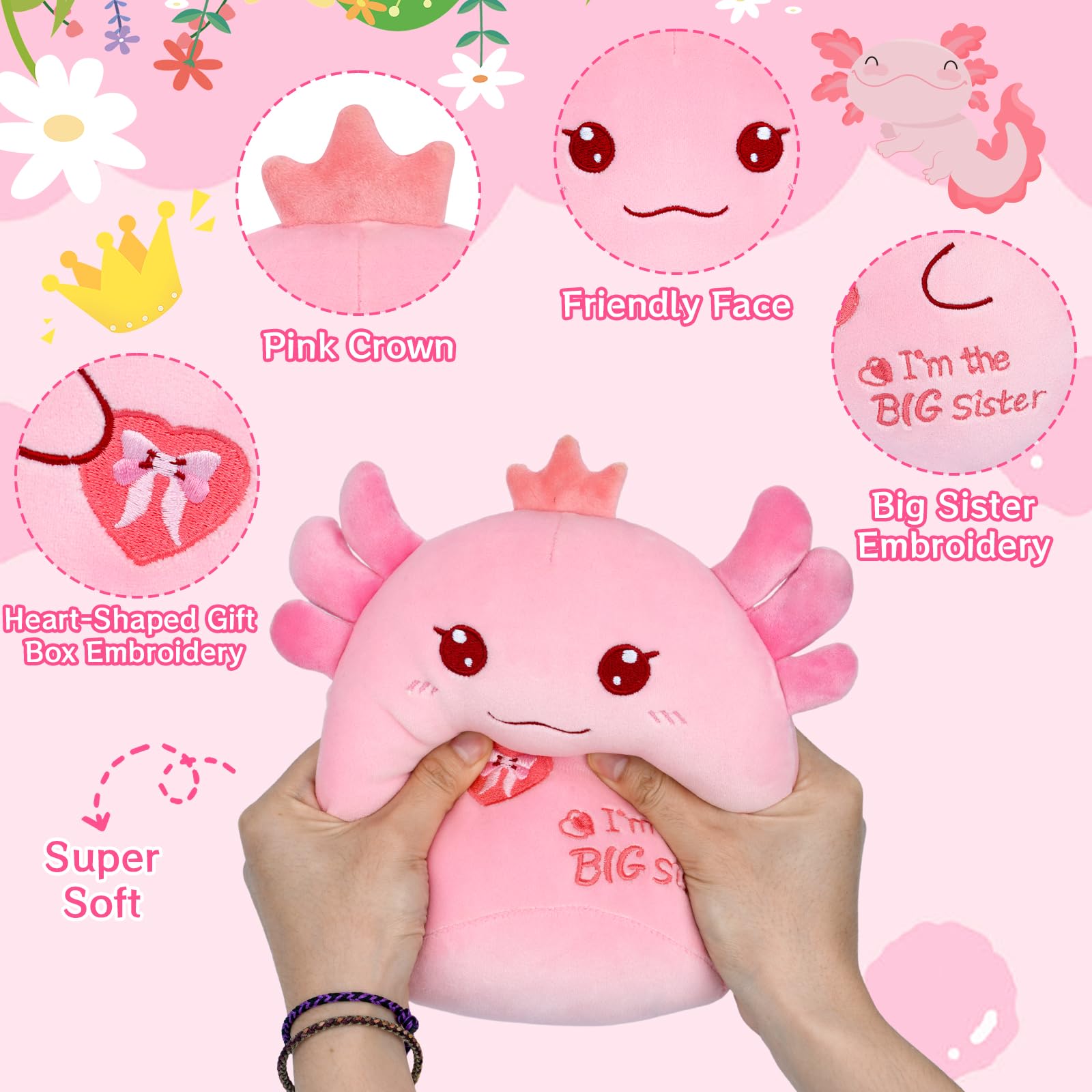 Big Sister Gift Axolotl Plush, 8 inch I’m The Big Sister Stuffed Animal for Girls, Kawaii Axolotl Soft Plushies Toy New Baby Announcement Sibling Gifts for Girls Sister