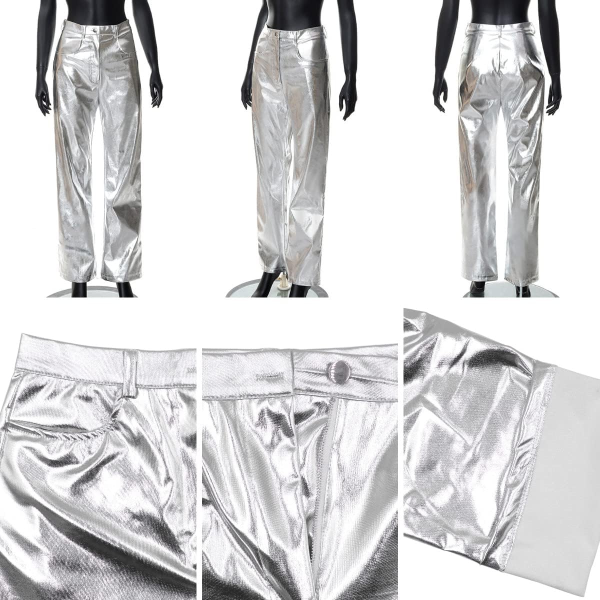 Women's Shiny Metallic Rave Pants Straight Leg Faux Leather High Waist Pants with Pockets for Party Club Streetwear - Image 7