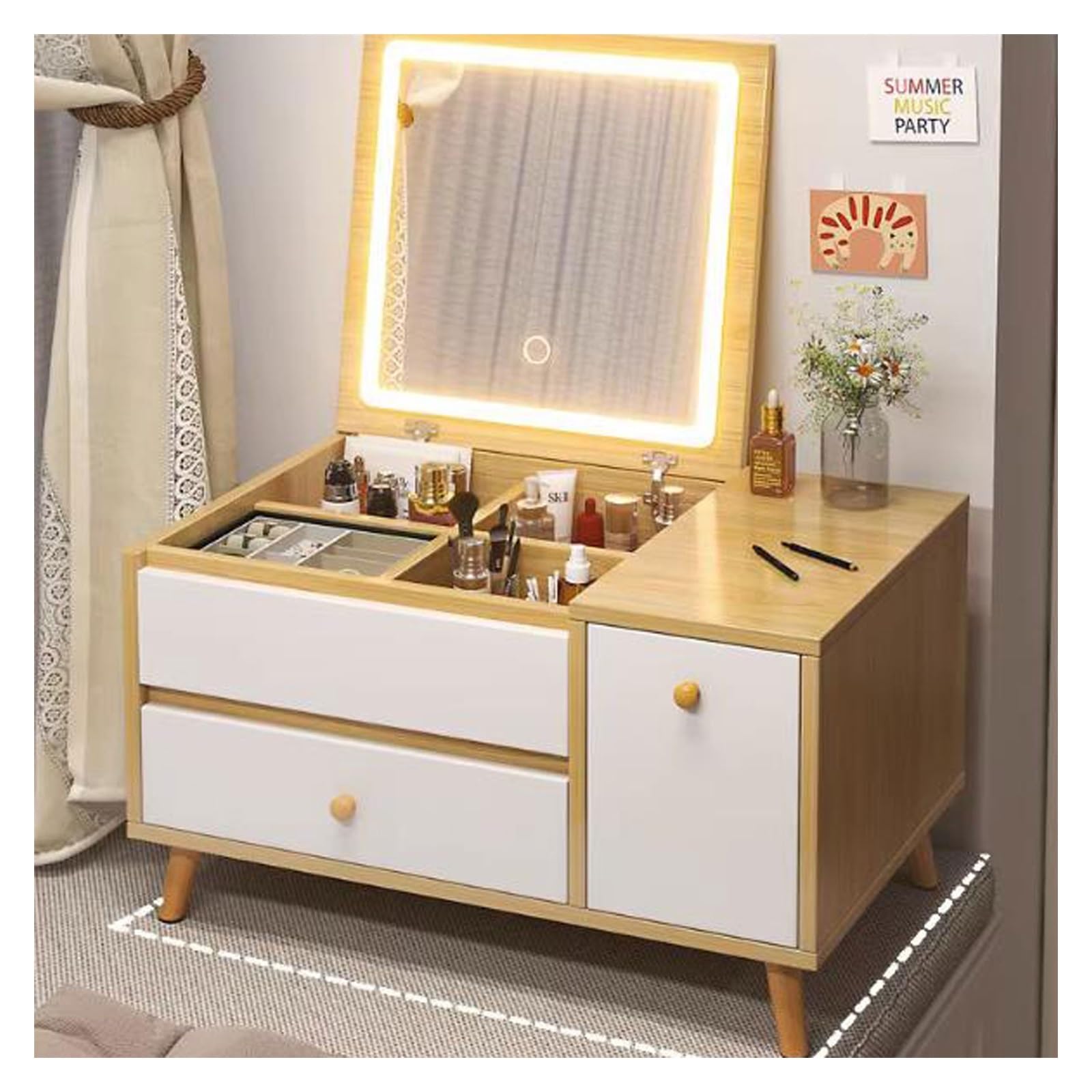 K5C7S3W9D6 Vanity Table Organiser Makeup Organizer Storage Box Cabinet，Small Dressing Table for Cosmetics Skincare Lipstick Jewerly and Brushes,Simple Dresser for Countertop Window(Wood Color)