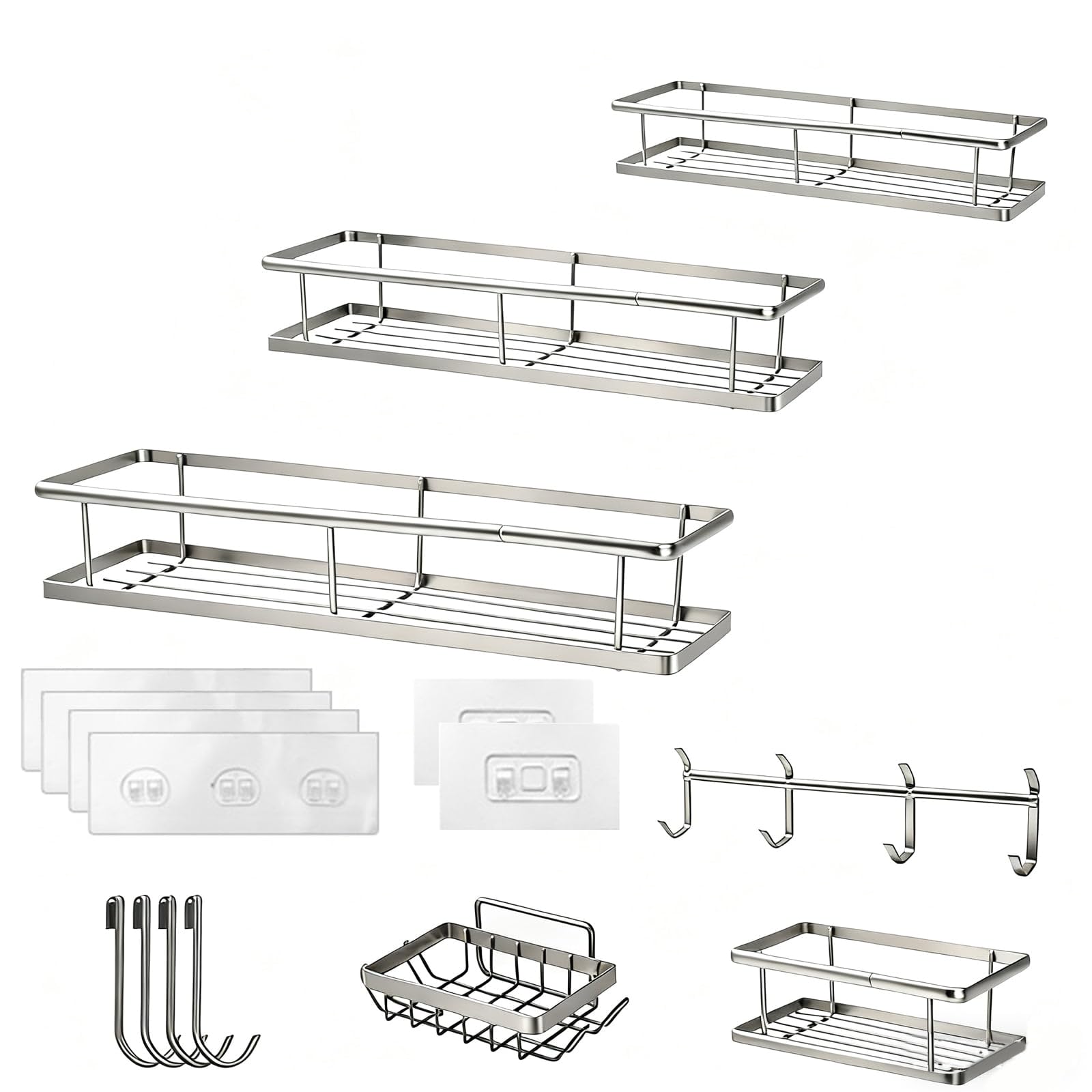 Shower Caddy 6Pack Bathroom Organizer and Storage Rack Set No-Drilling Rustproof Adhesive Stainless Steel Shower Shelves | Holds Soap Toothbrush Shampoo Spices | for Bathroom & Kitchen Wall (Silvery)