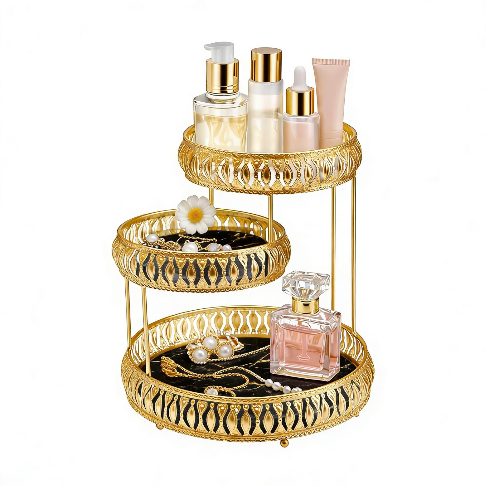 SUNNYNEST Makeup Organiser 3 Tier, Gold Metal Bathroom Storage Shelf with Trays, Vanity & Perfume Organiser, Countertop Make Up Organiser for Cosmetics, Skincare & Toiletries (Black)
